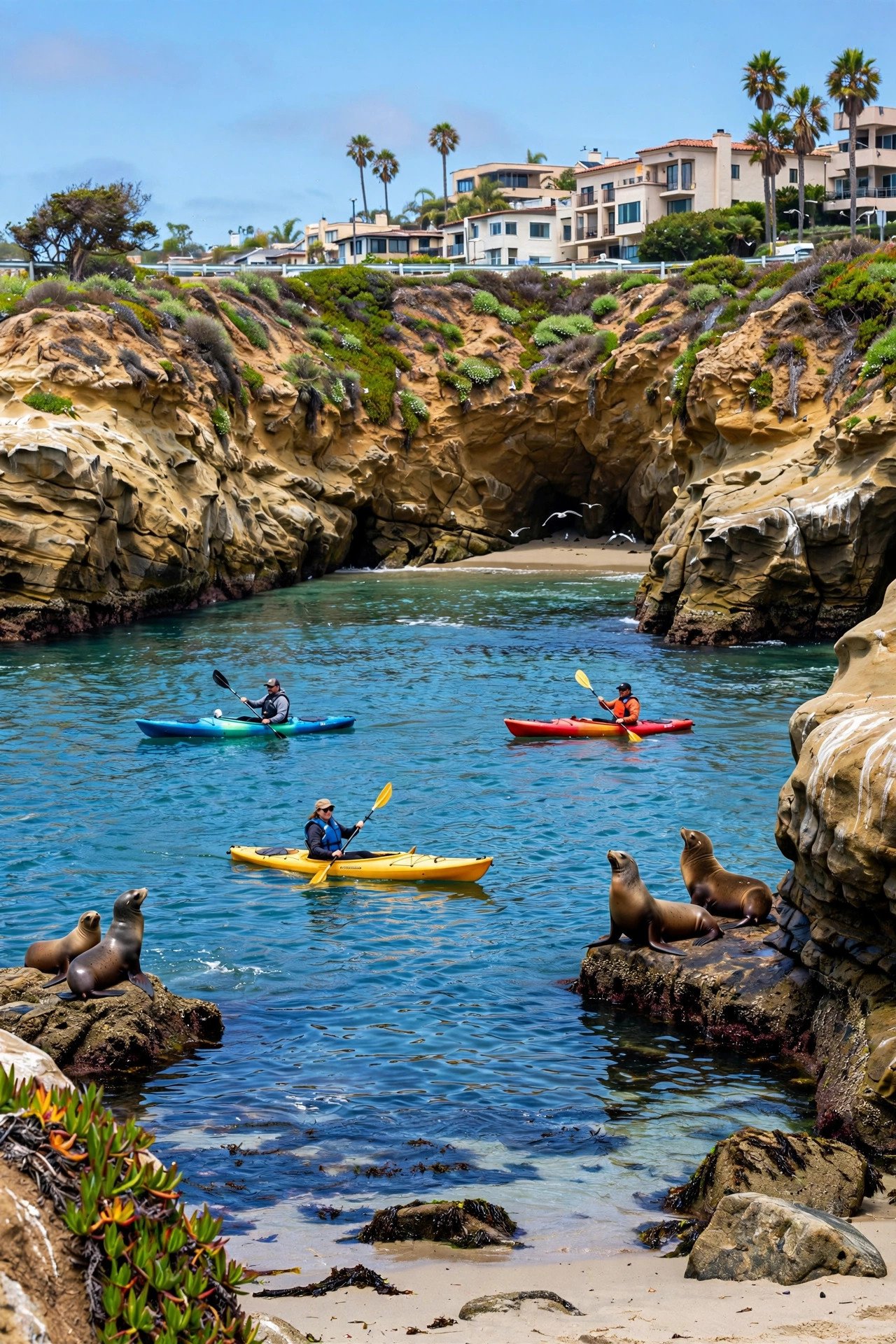La Jolla Cove in San Diego with kayaks and sea lions