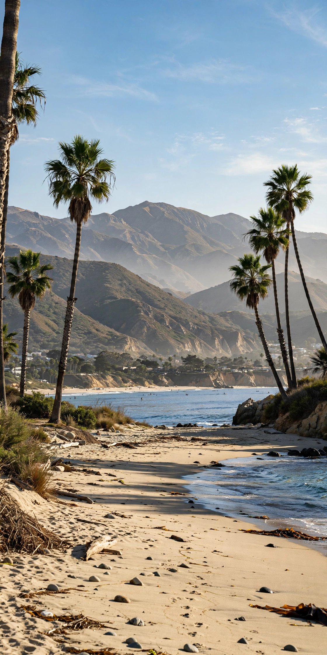 Santa Barbara beach with palm trees and mountains