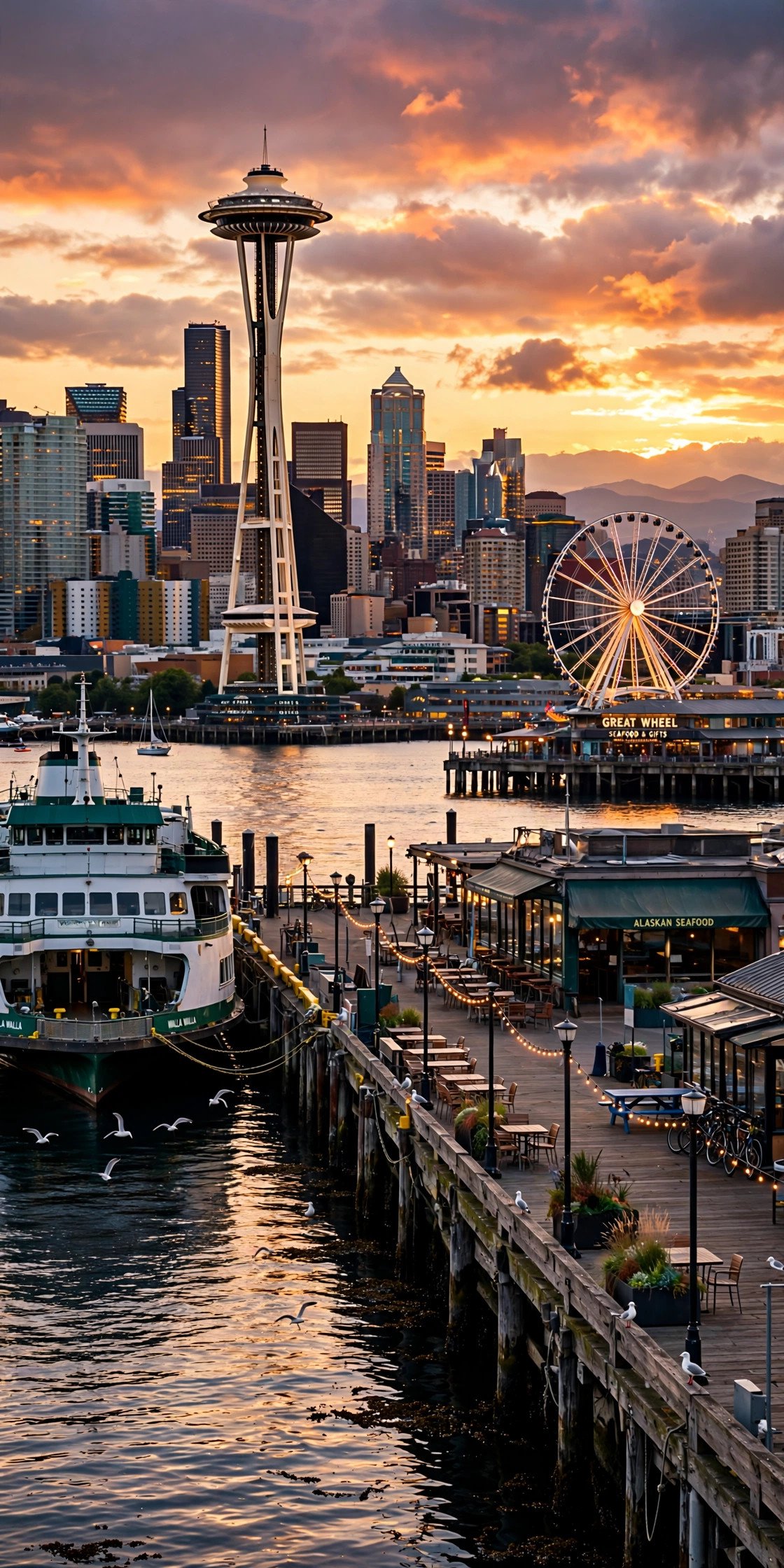 Seattle waterfront with Space Needle at sunset