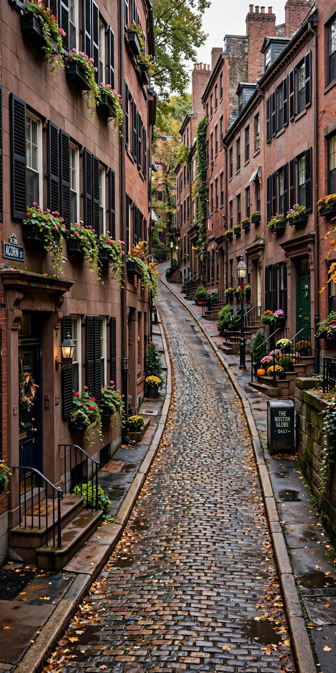 Historic Beacon Hill street in Boston with brownstones