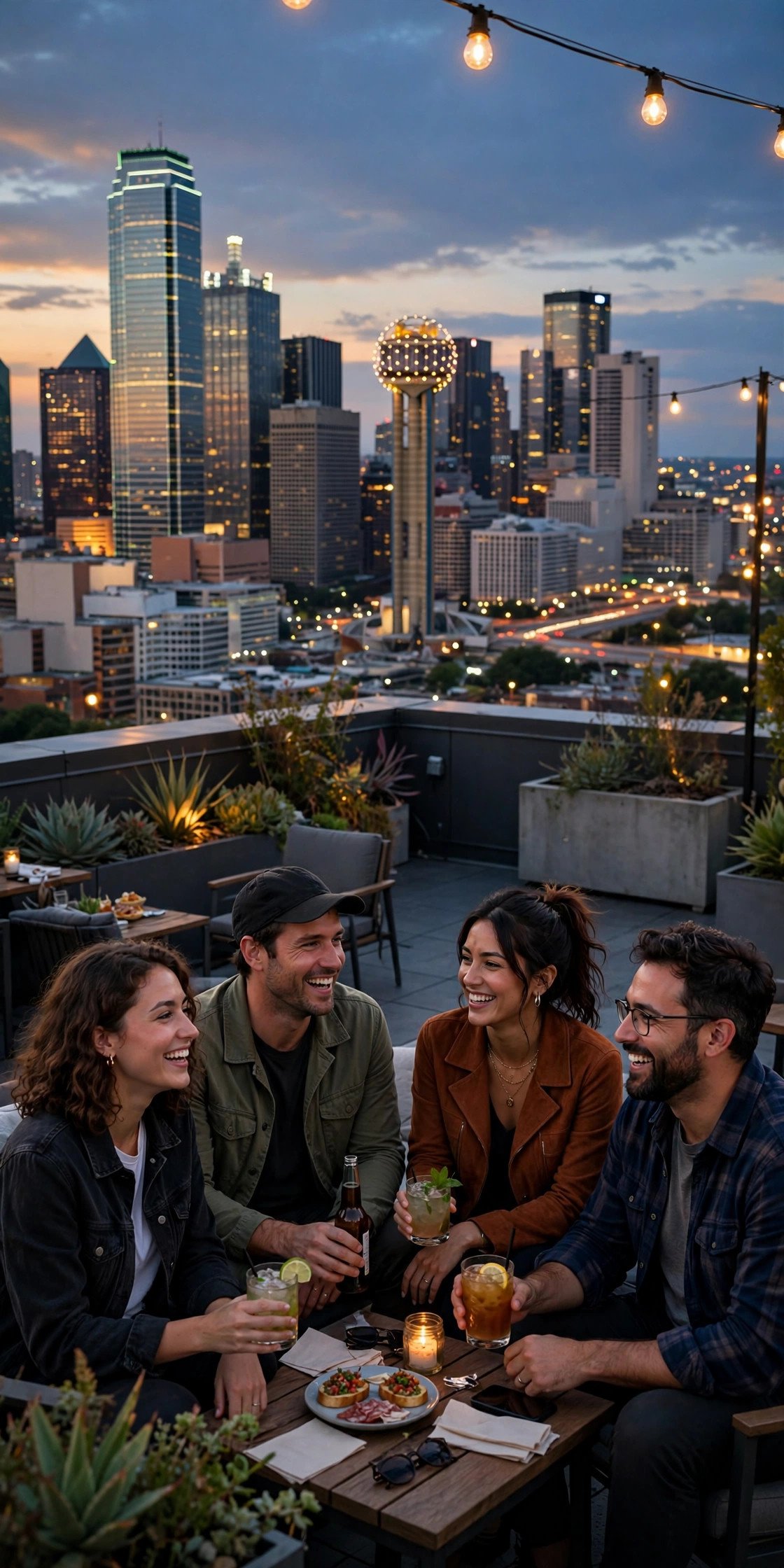 Dallas skyline at dusk with friends on a rooftop