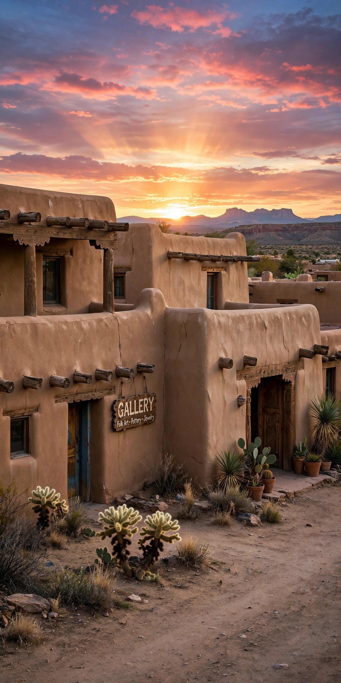 Adobe buildings in Santa Fe with desert sunset