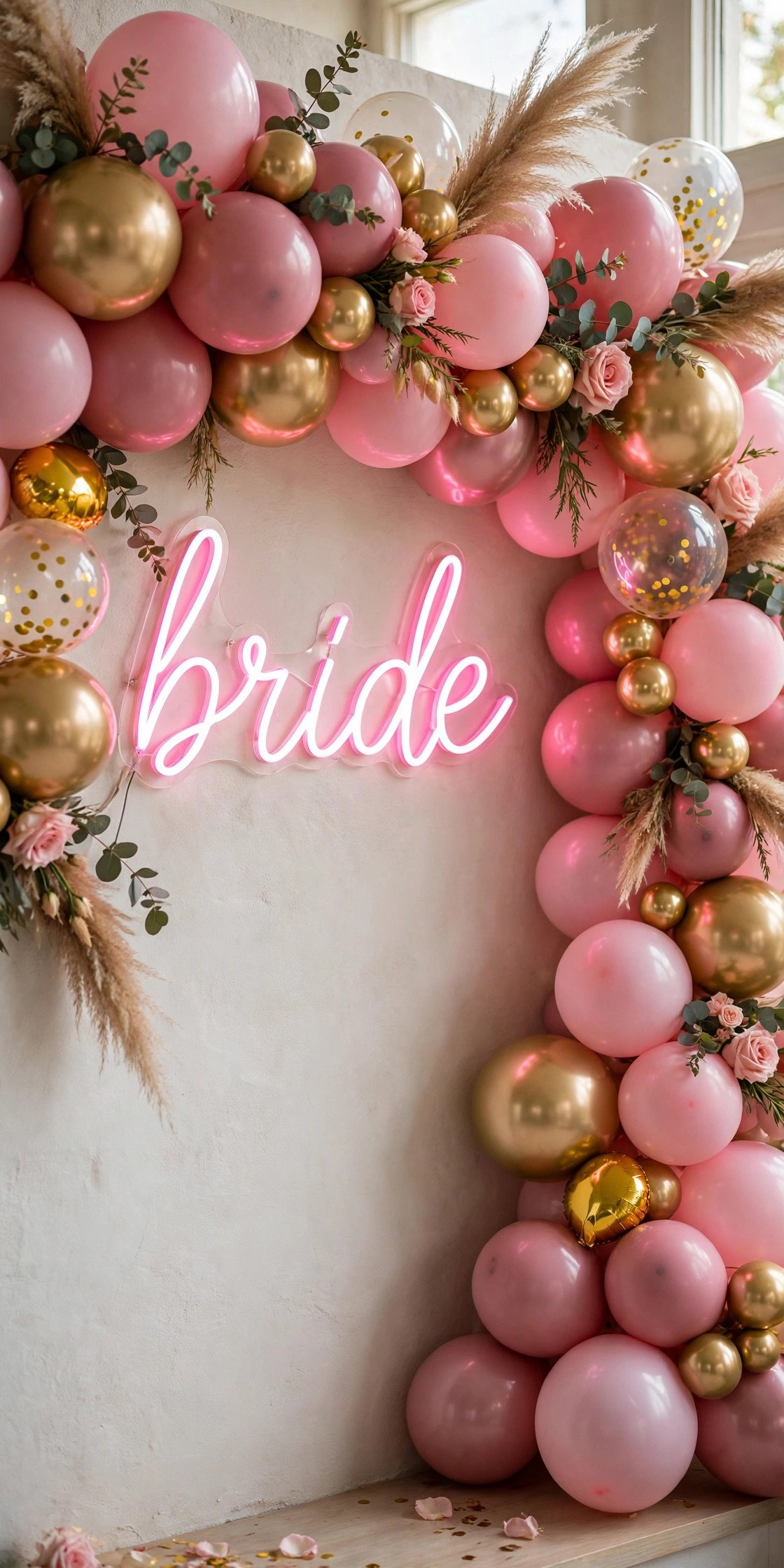 Pink and gold balloon garland wall with bride neon sign