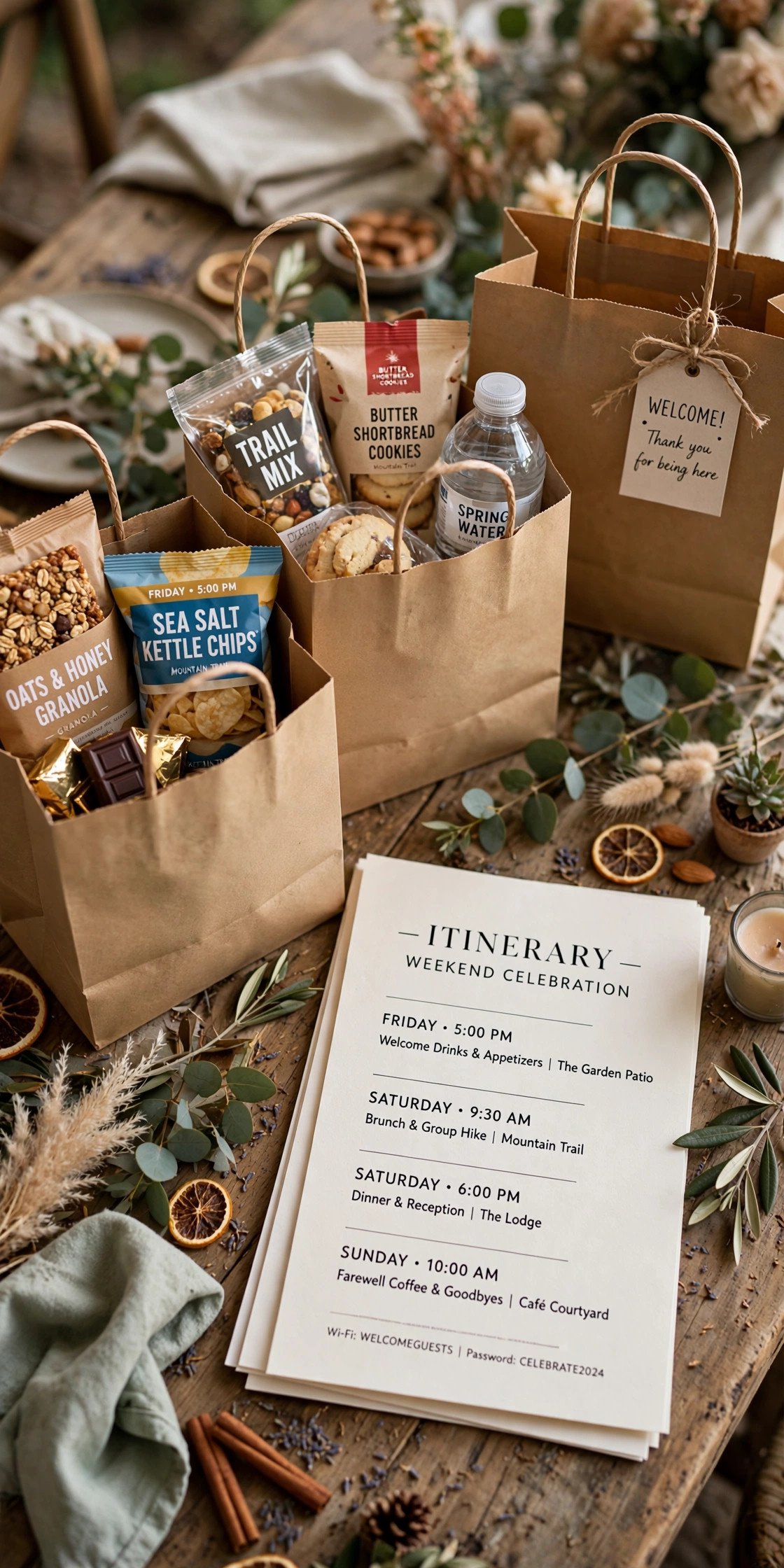 Welcome bags with snacks and itinerary on a decorated table