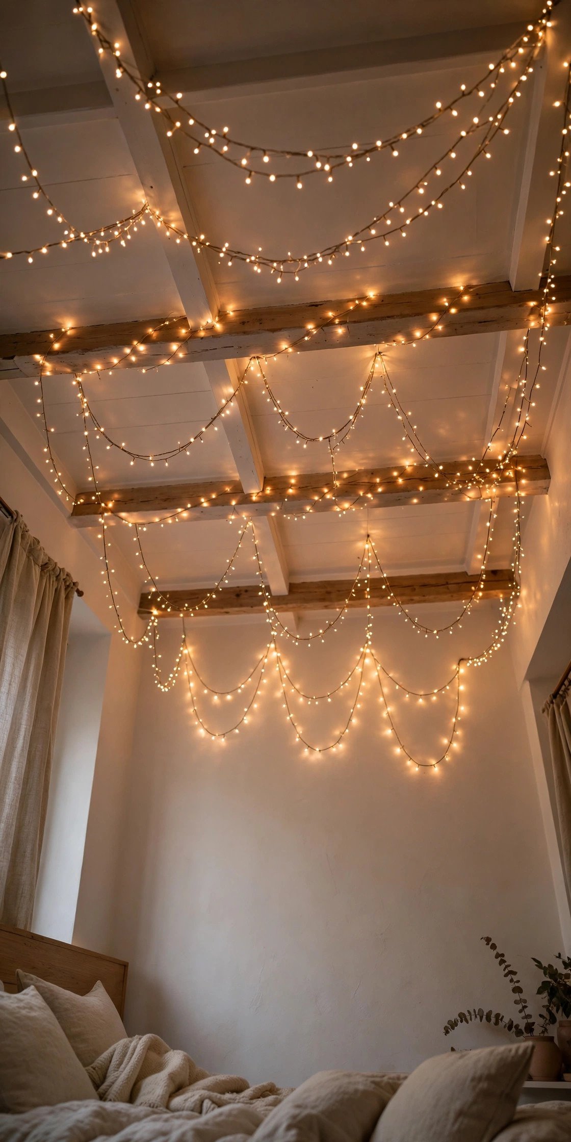 Bedroom ceiling draped with warm fairy lights