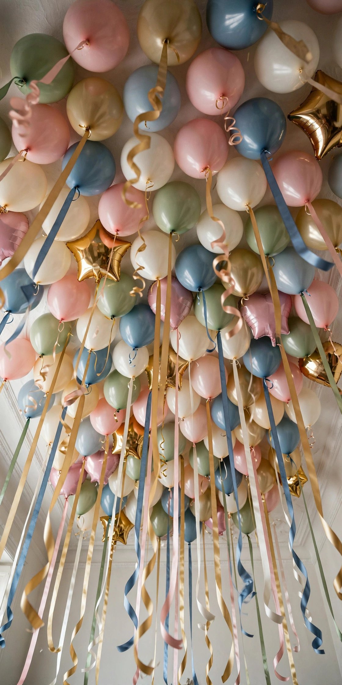 Ceiling covered with floating balloons and ribbons