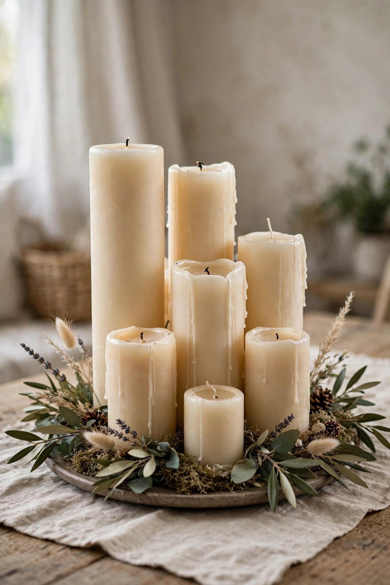 Cluster of pillar candles of varying heights as centerpiece