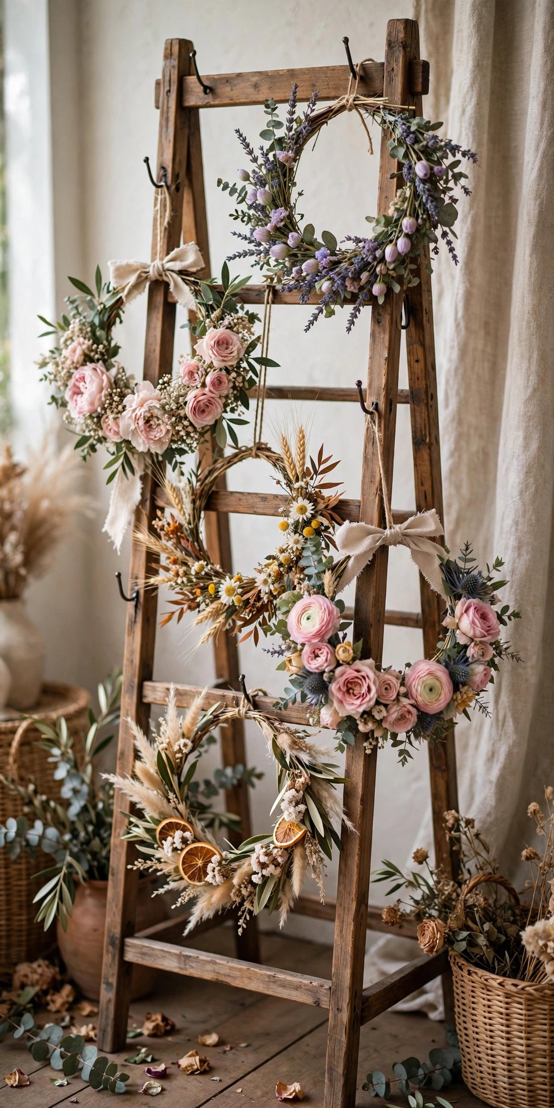 Flower crowns hanging on a decorative display stand