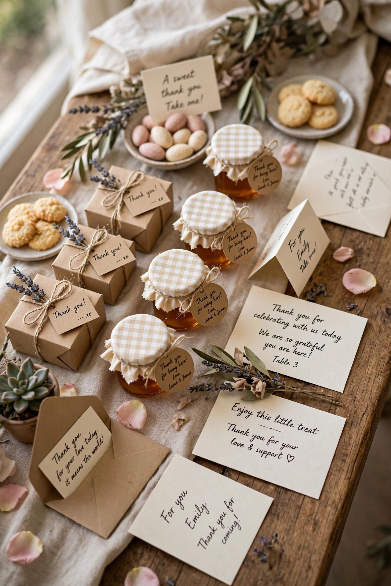 Table with thank-you favors and notes for guests