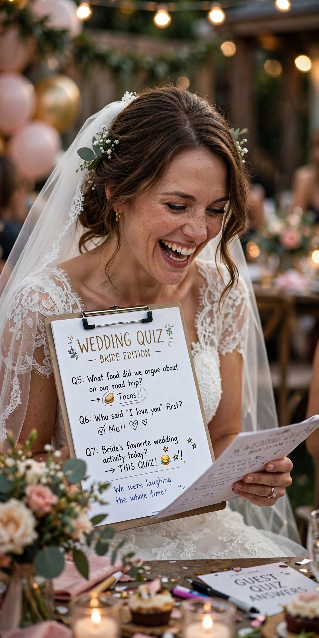 Bride laughing while answering quiz questions at a party