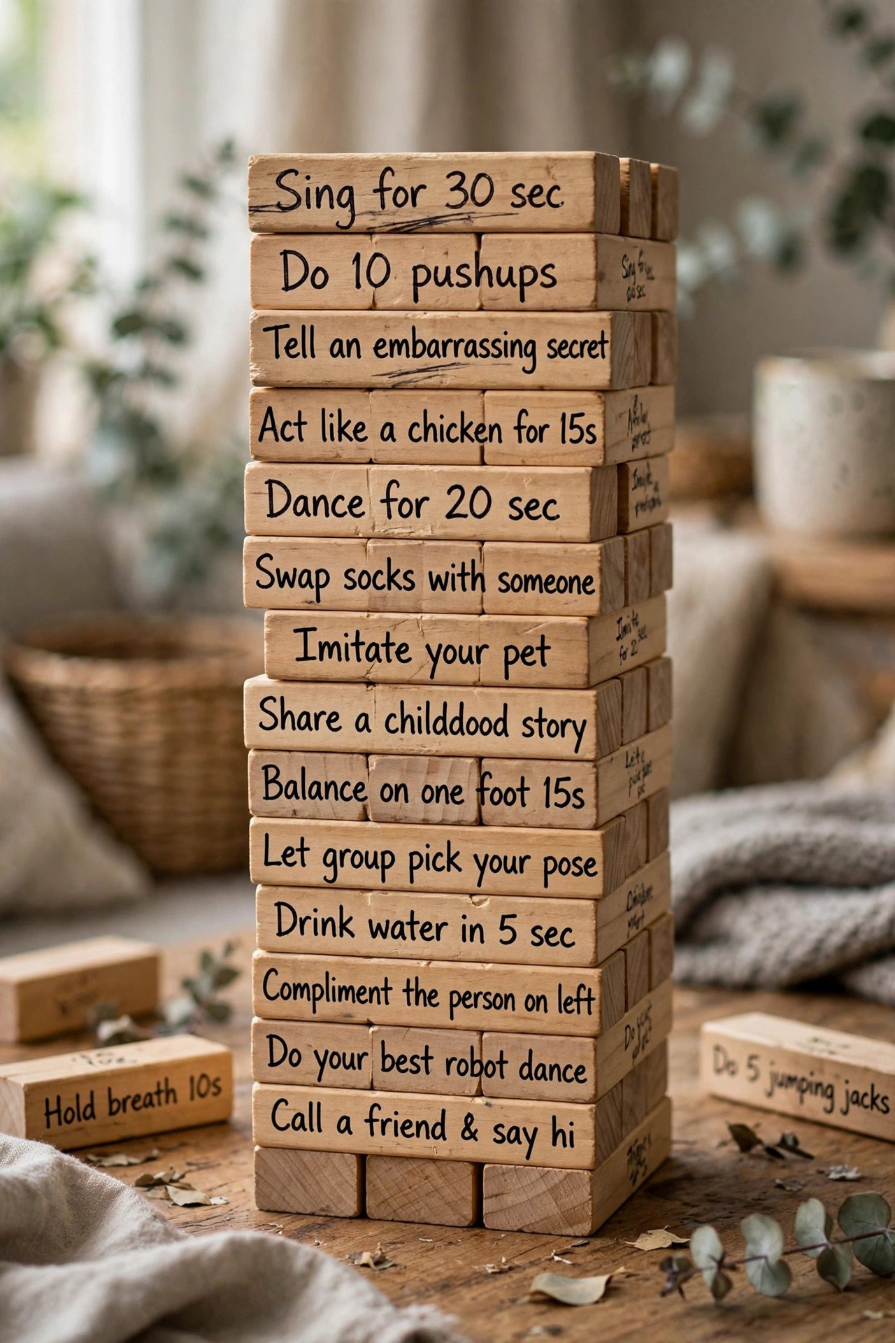 Jenga tower with dares written on the blocks