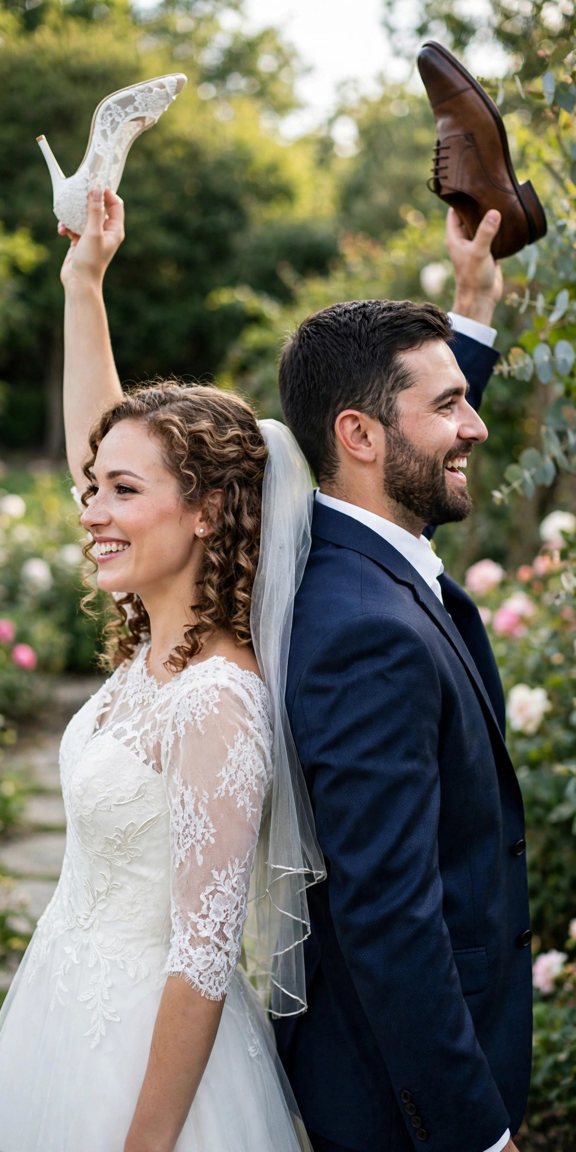 Bride and partner back-to-back holding shoes in the air