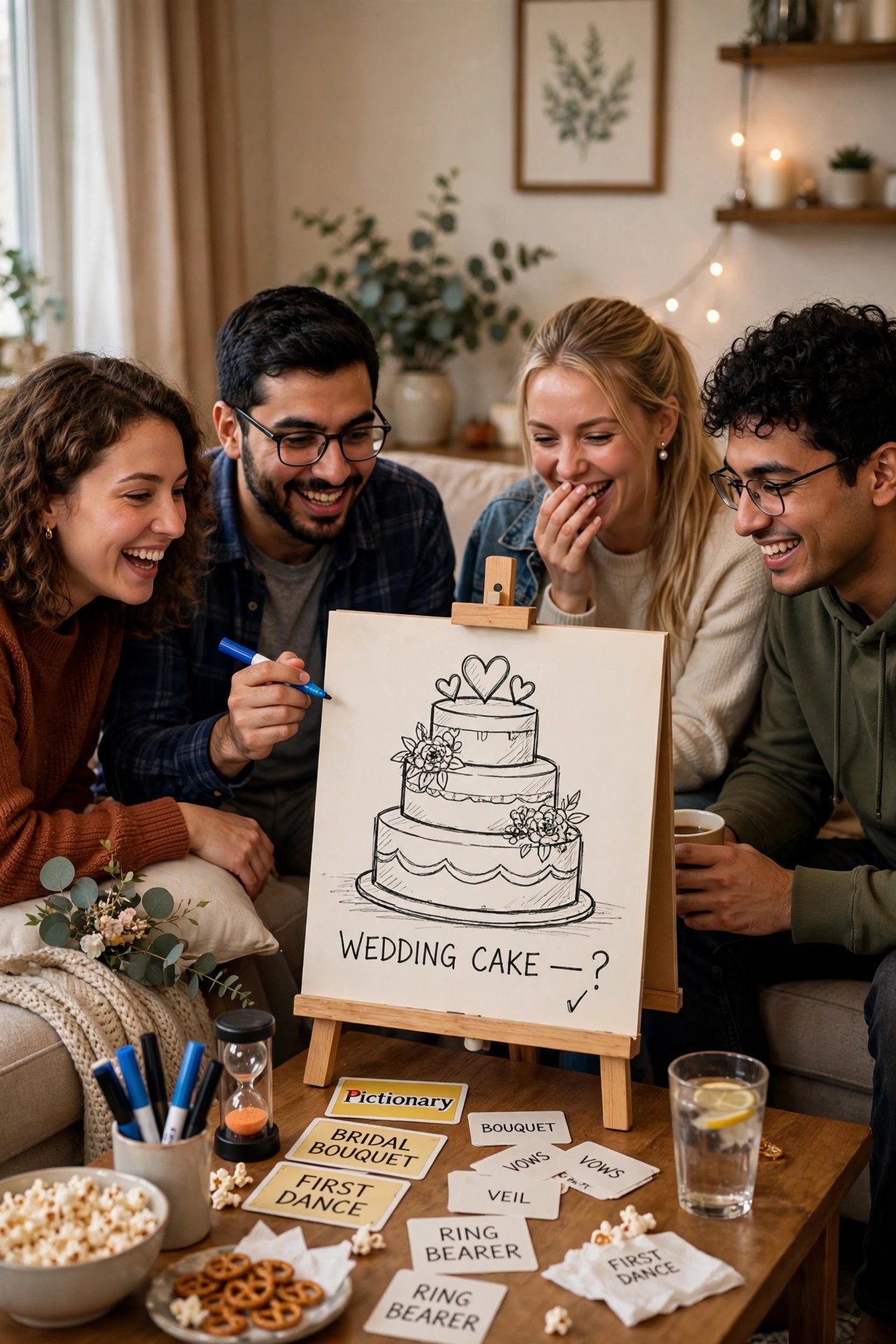 Friends playing Pictionary with wedding-themed words