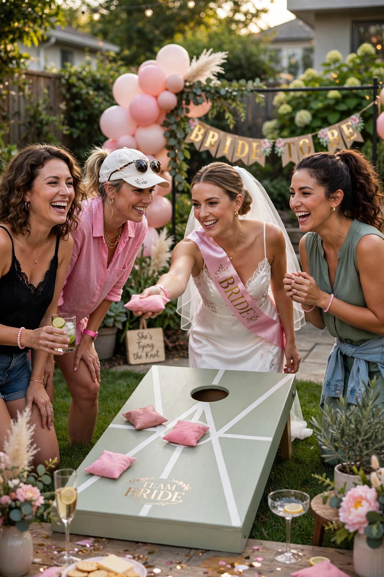 Friends playing cornhole lawn game at a bachelorette party