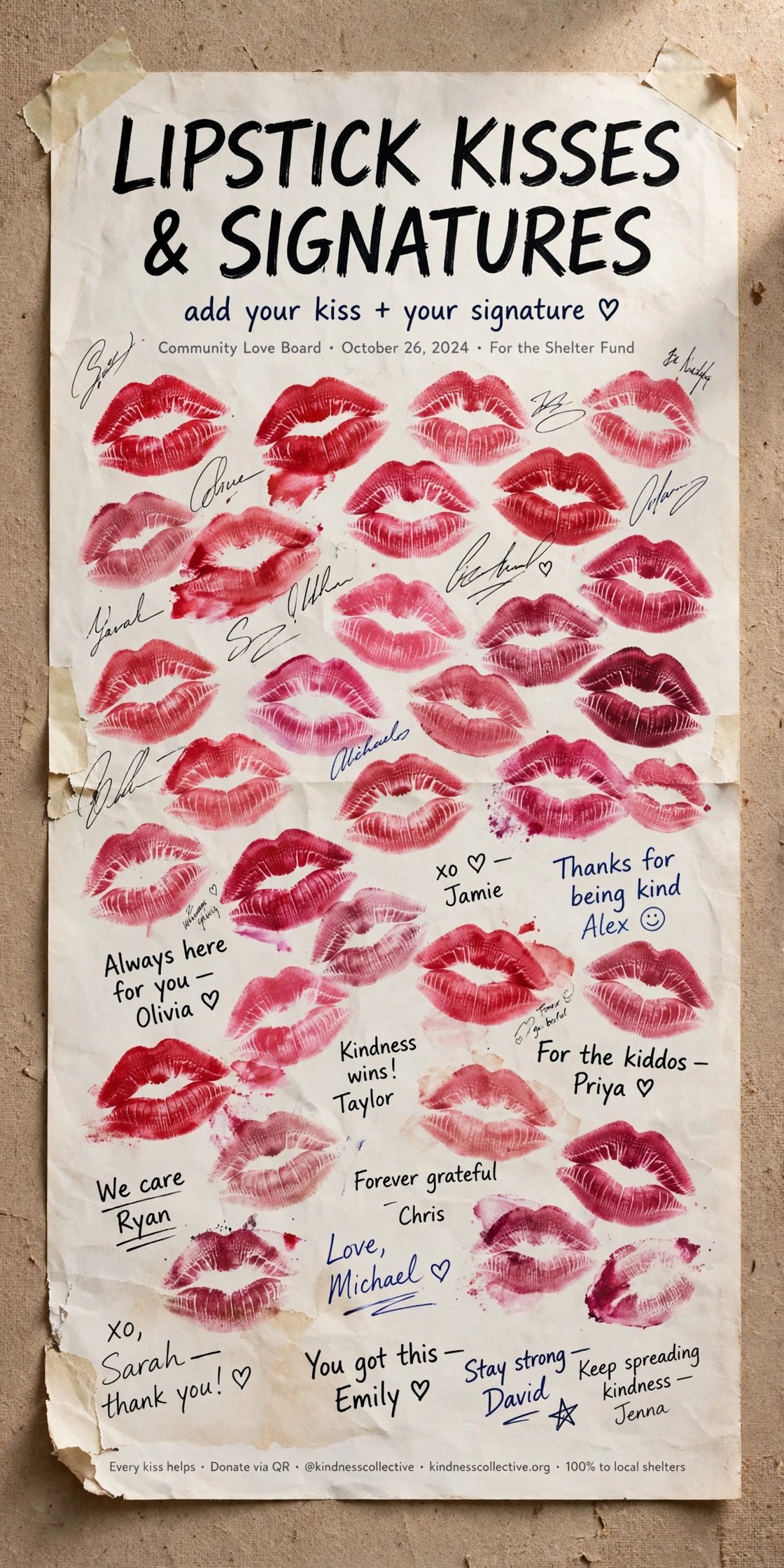 Poster with lipstick kisses and signatures