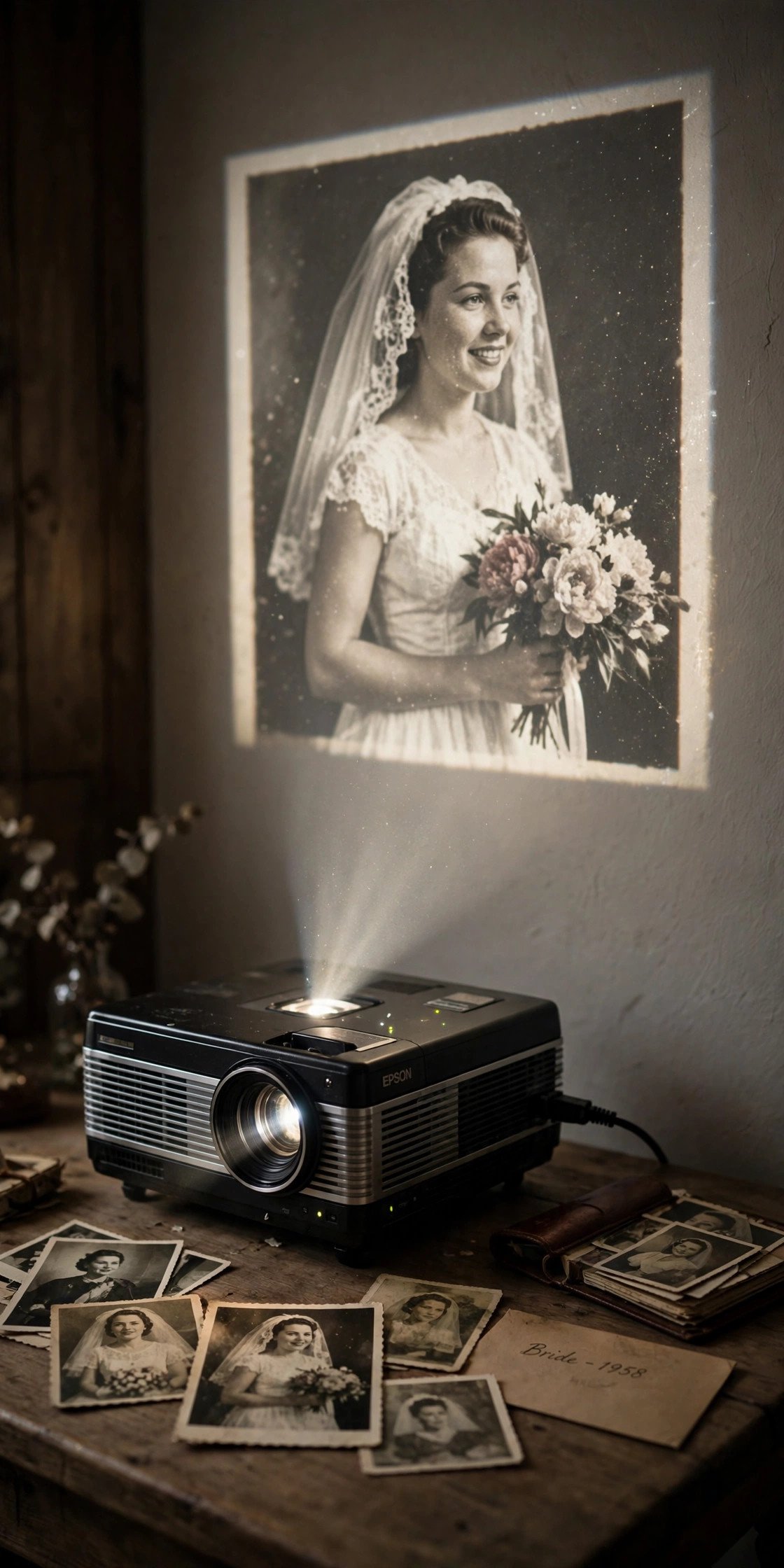 Projector showing old photos of the bride