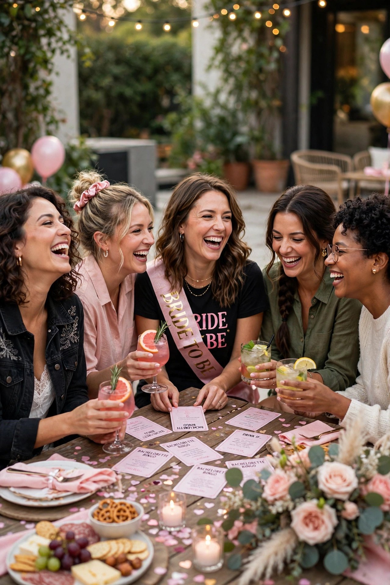 Friends laughing while playing bachelorette party games with drinks