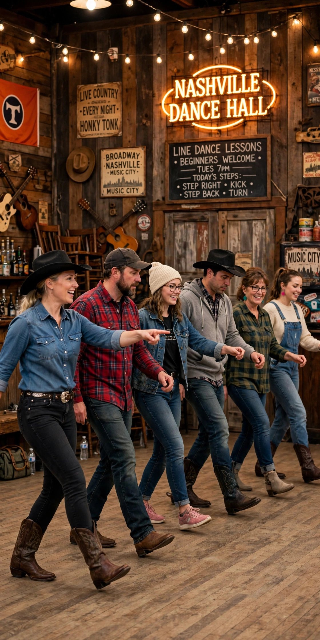 Group learning line dancing at a Nashville dance hall