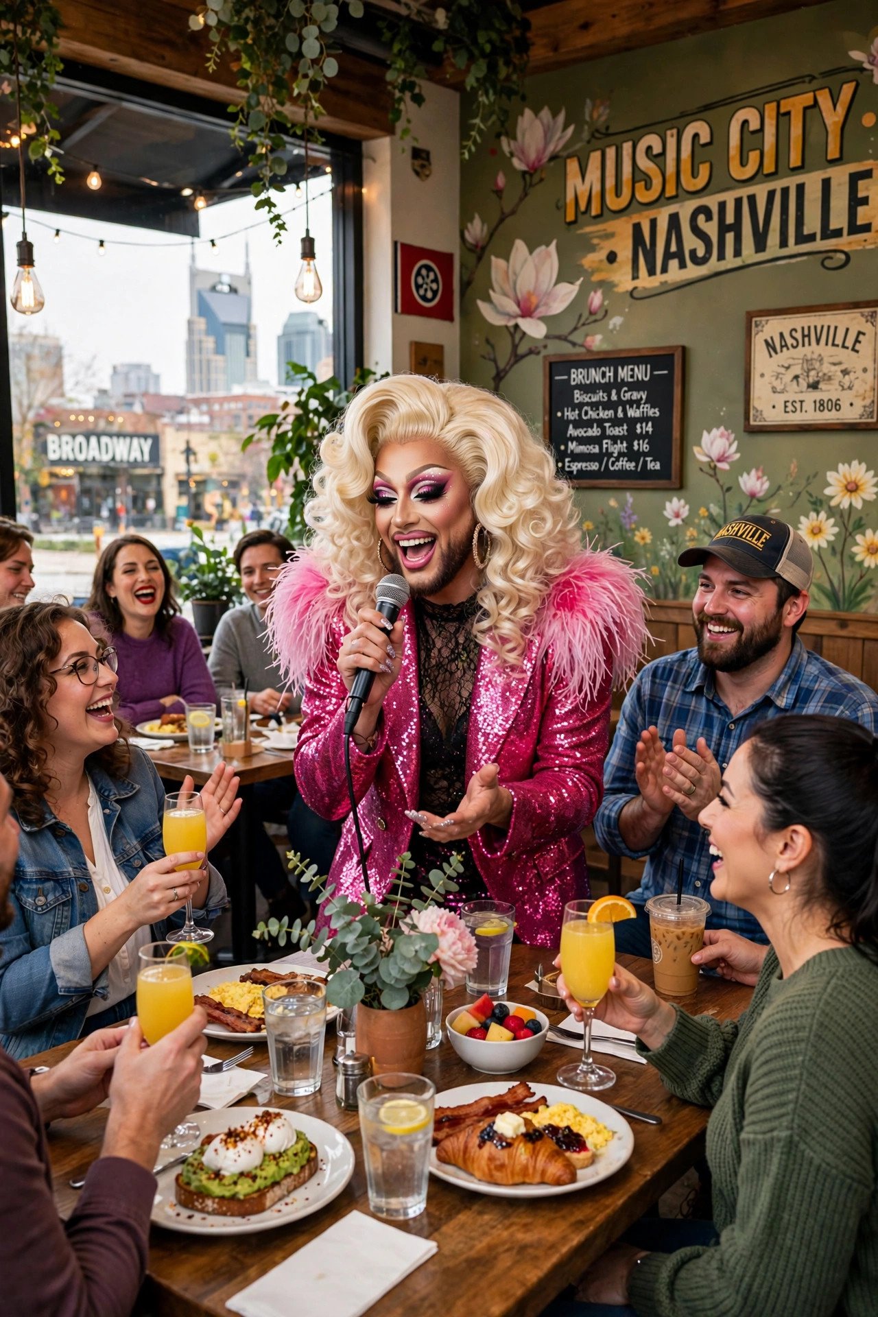 Drag performer entertaining a brunch crowd in Nashville