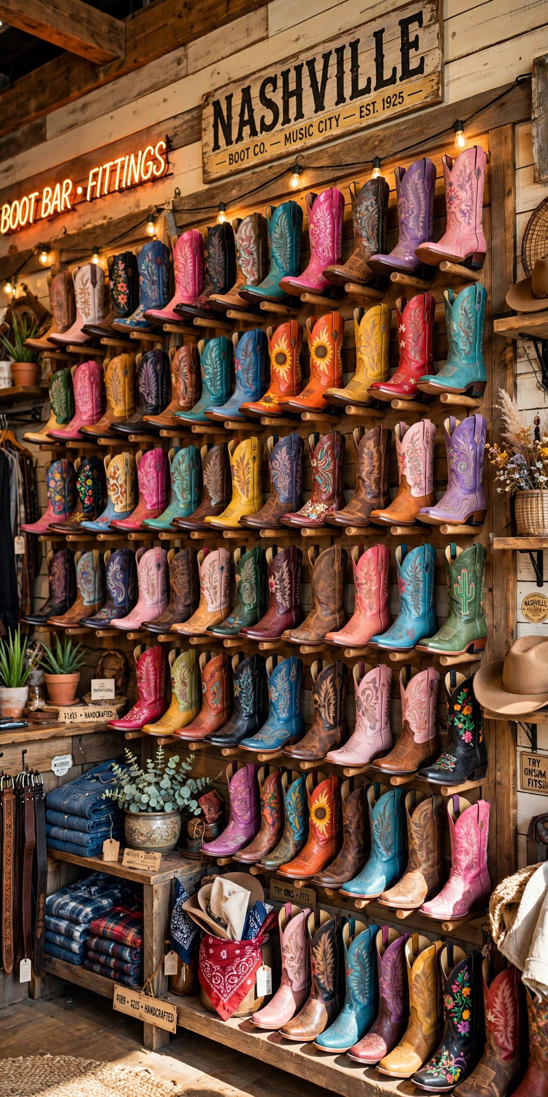 Wall of colorful cowboy boots in a Nashville shop