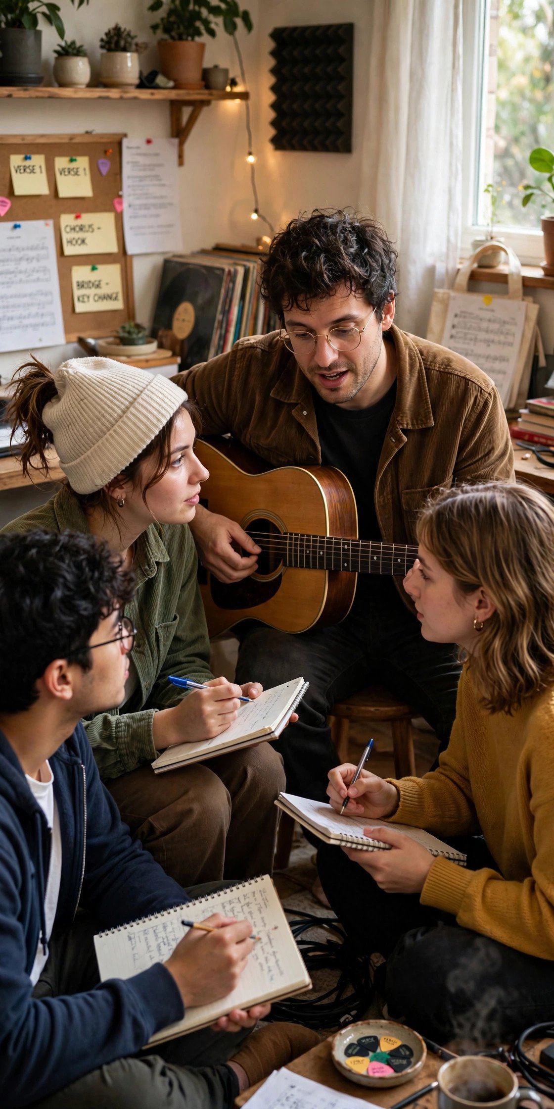 Songwriter with guitar teaching a small group