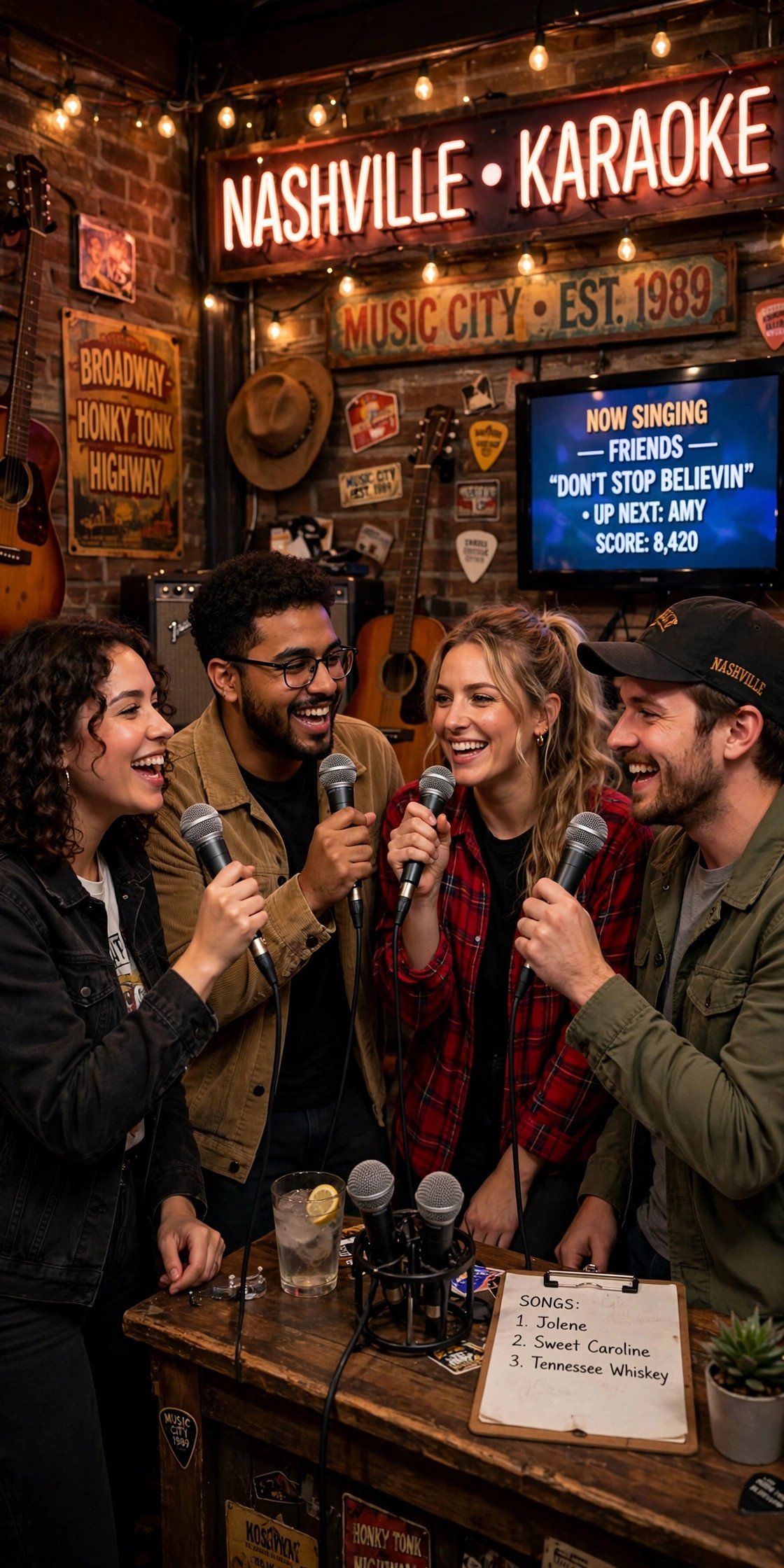 Friends singing karaoke on a small Nashville stage