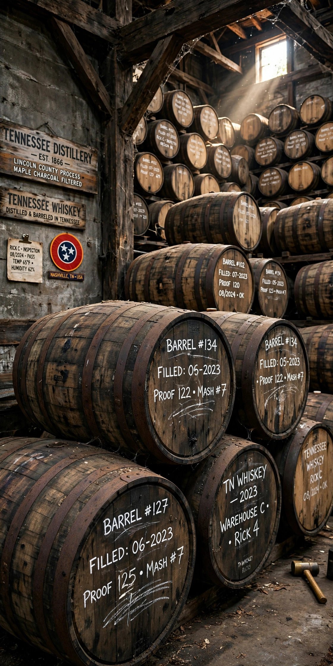 Whiskey barrels at a Tennessee distillery