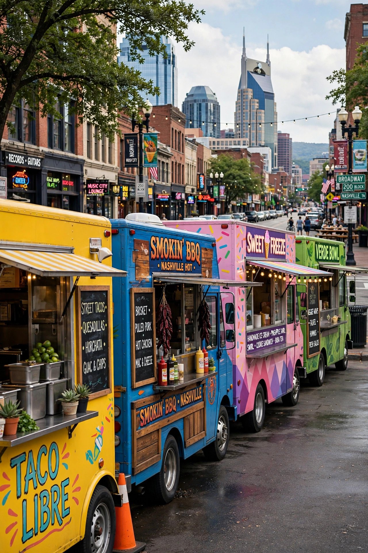 Colorful food trucks lined up in Nashville