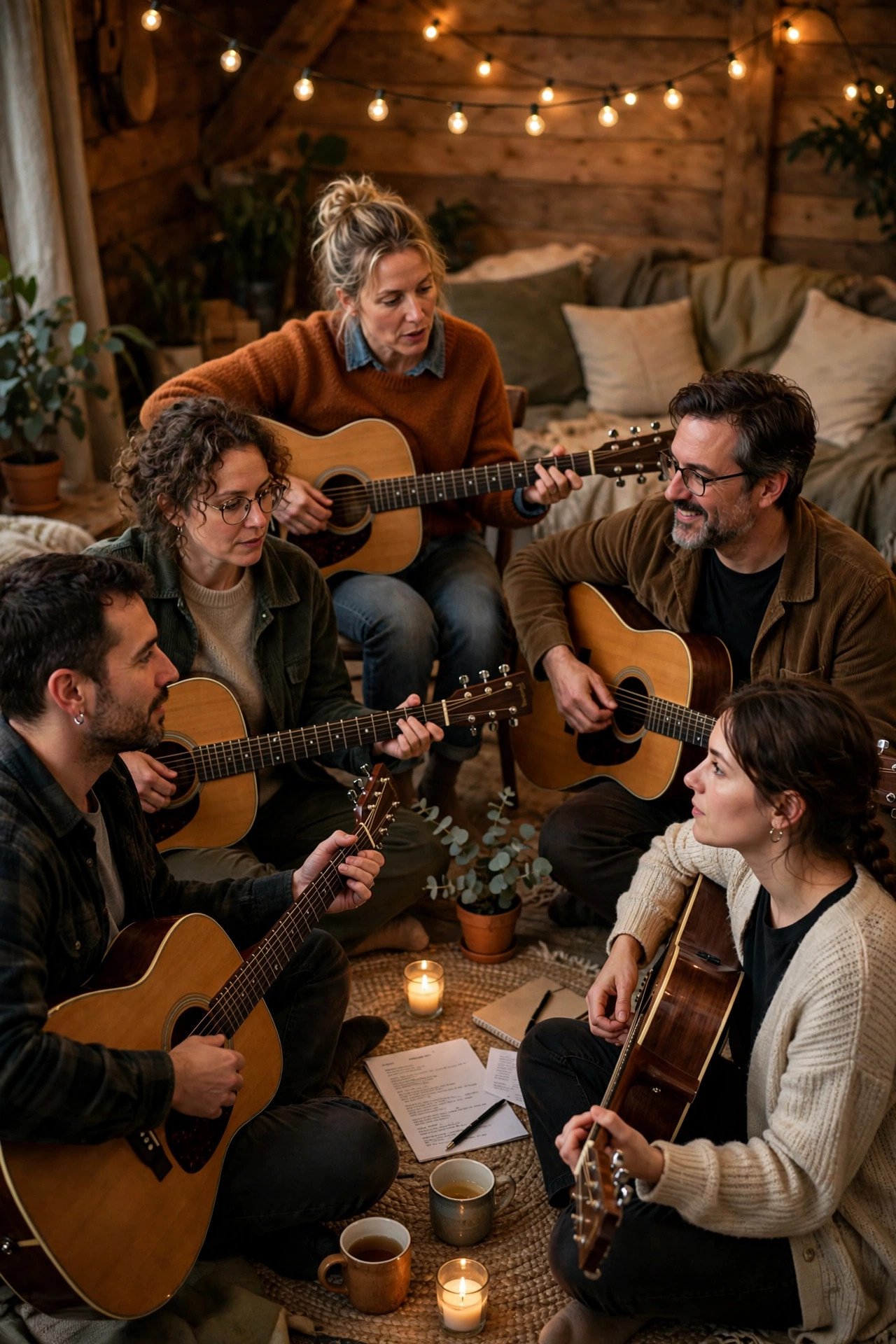 Intimate songwriter round with guitarists in a circle