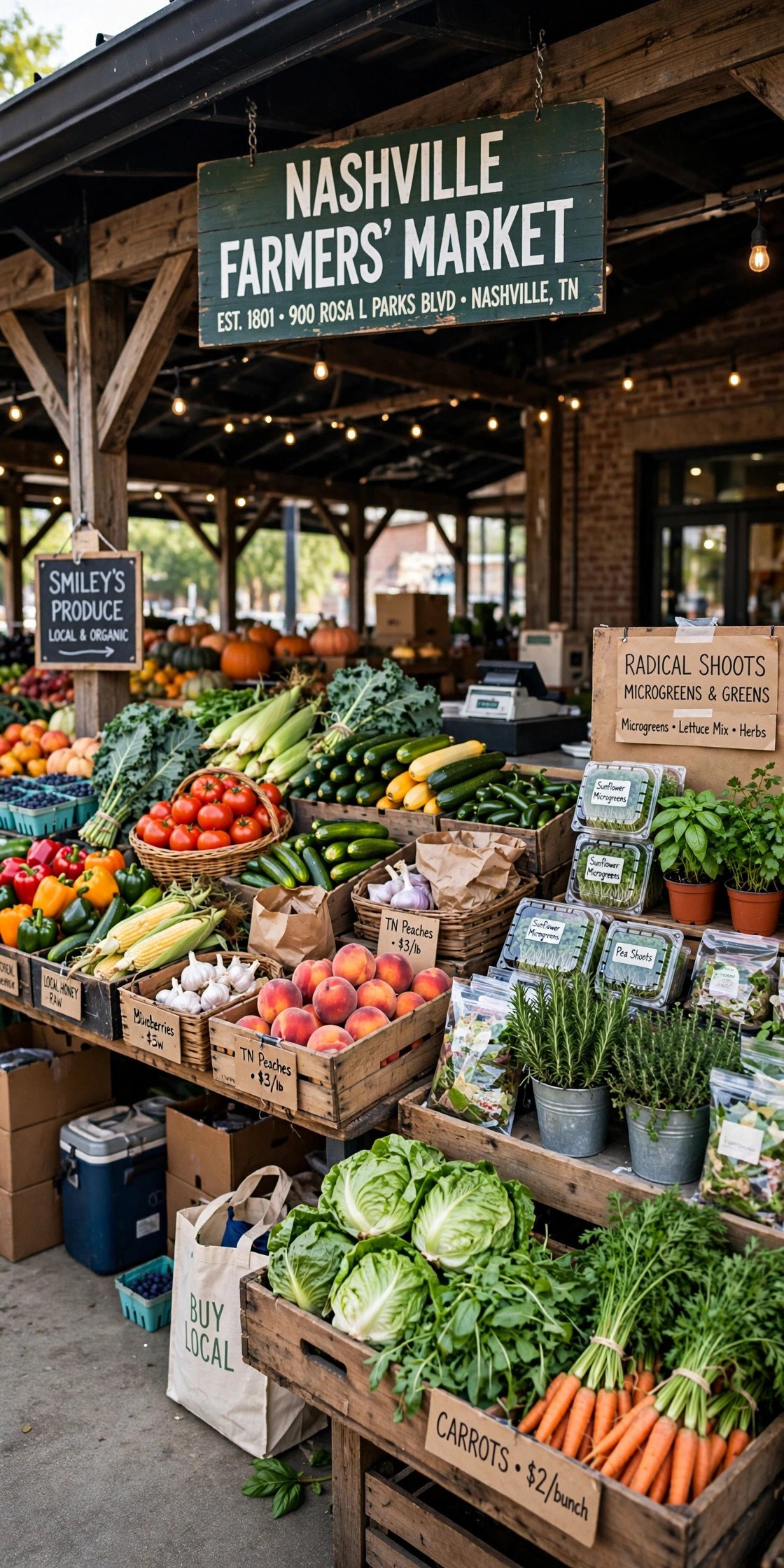 Stalls of fresh produce at Nashville farmers market