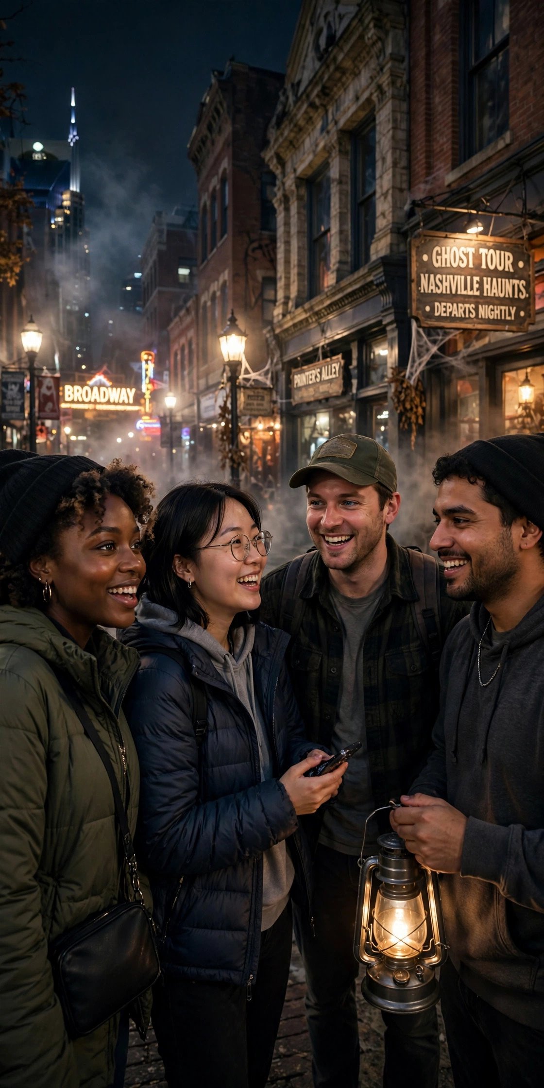 Friends on a spooky ghost tour in downtown Nashville