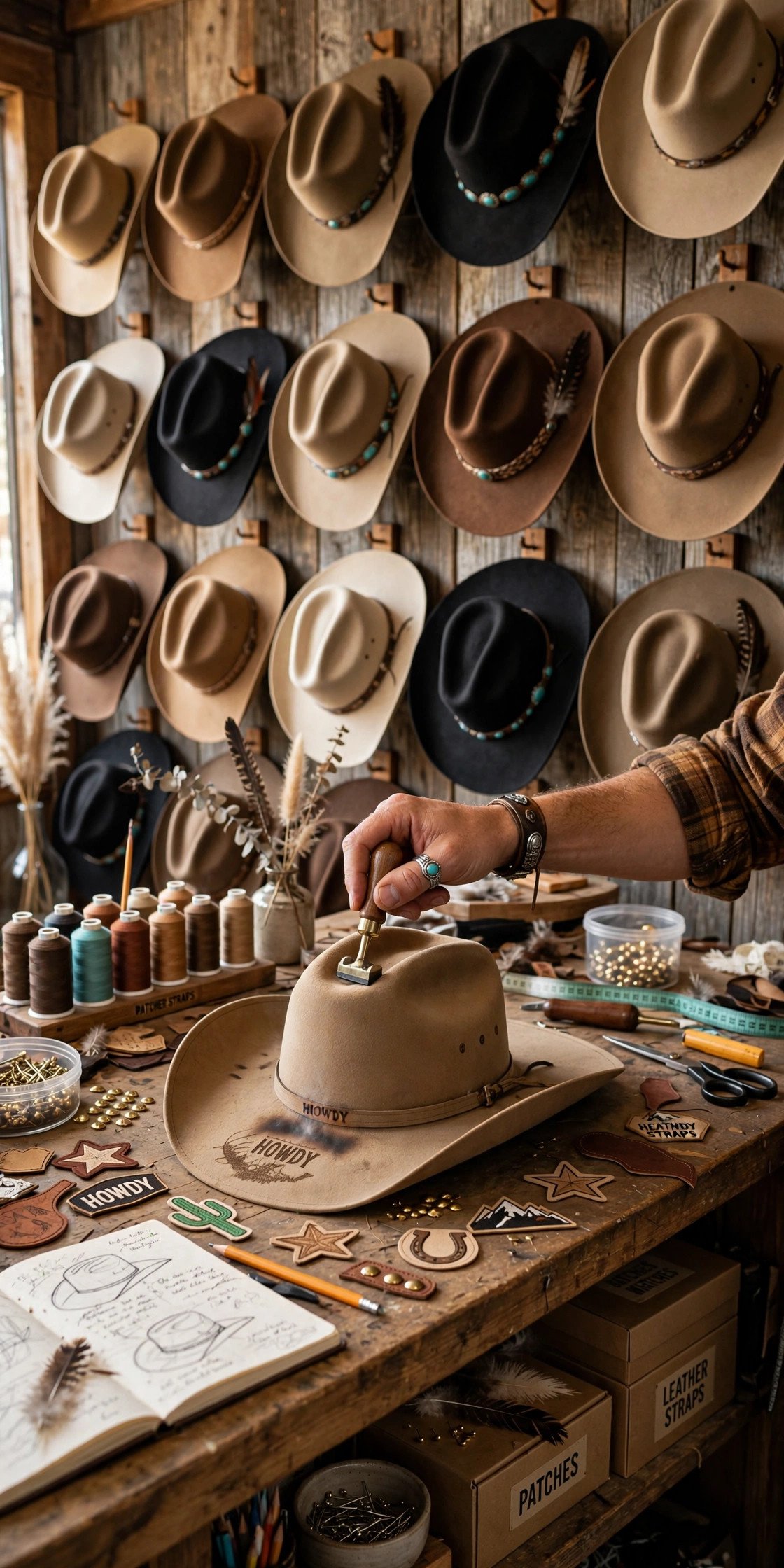 Wall of cowboy hats being customized at a hat bar