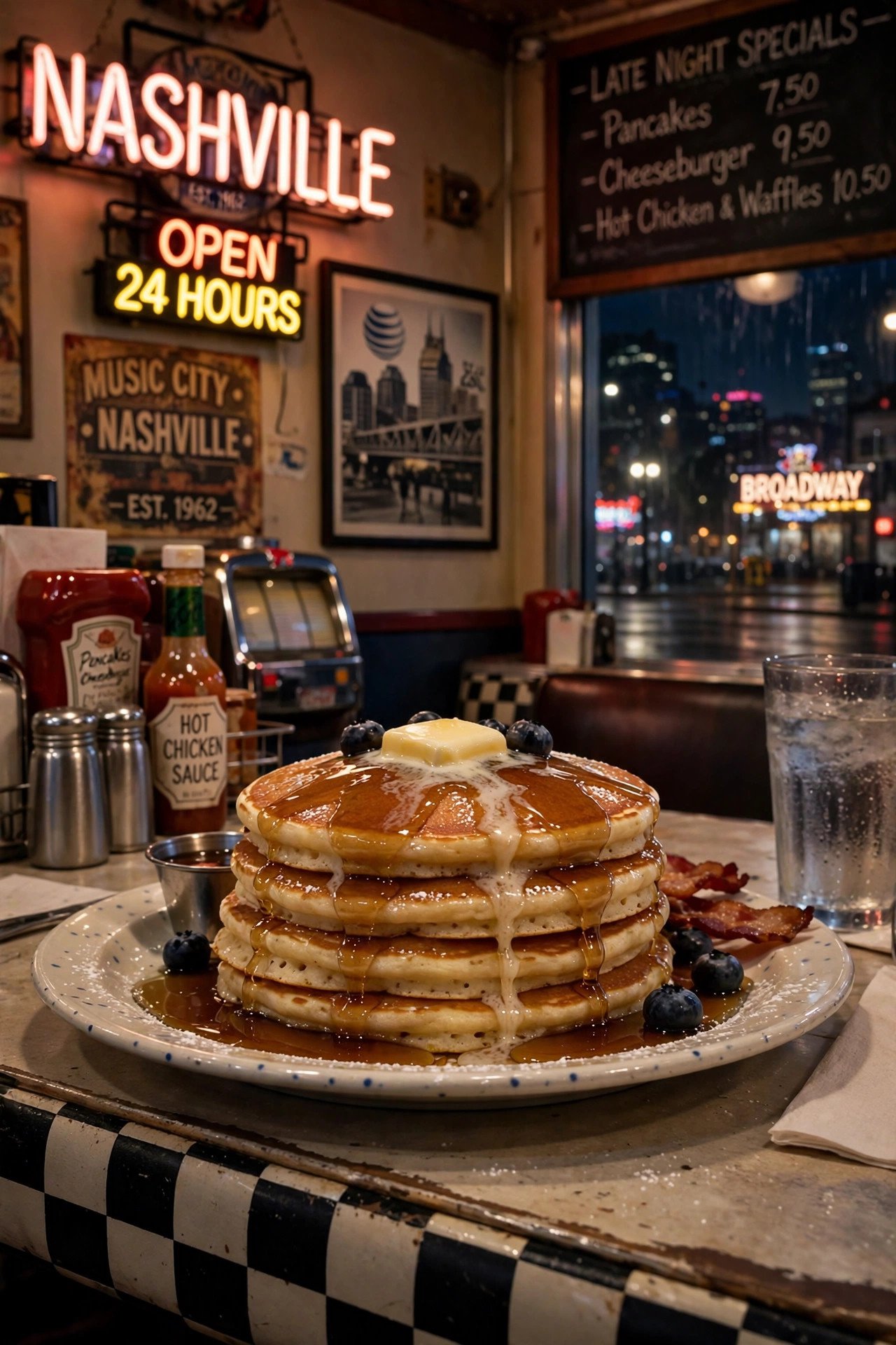 Stack of pancakes at a late-night Nashville diner