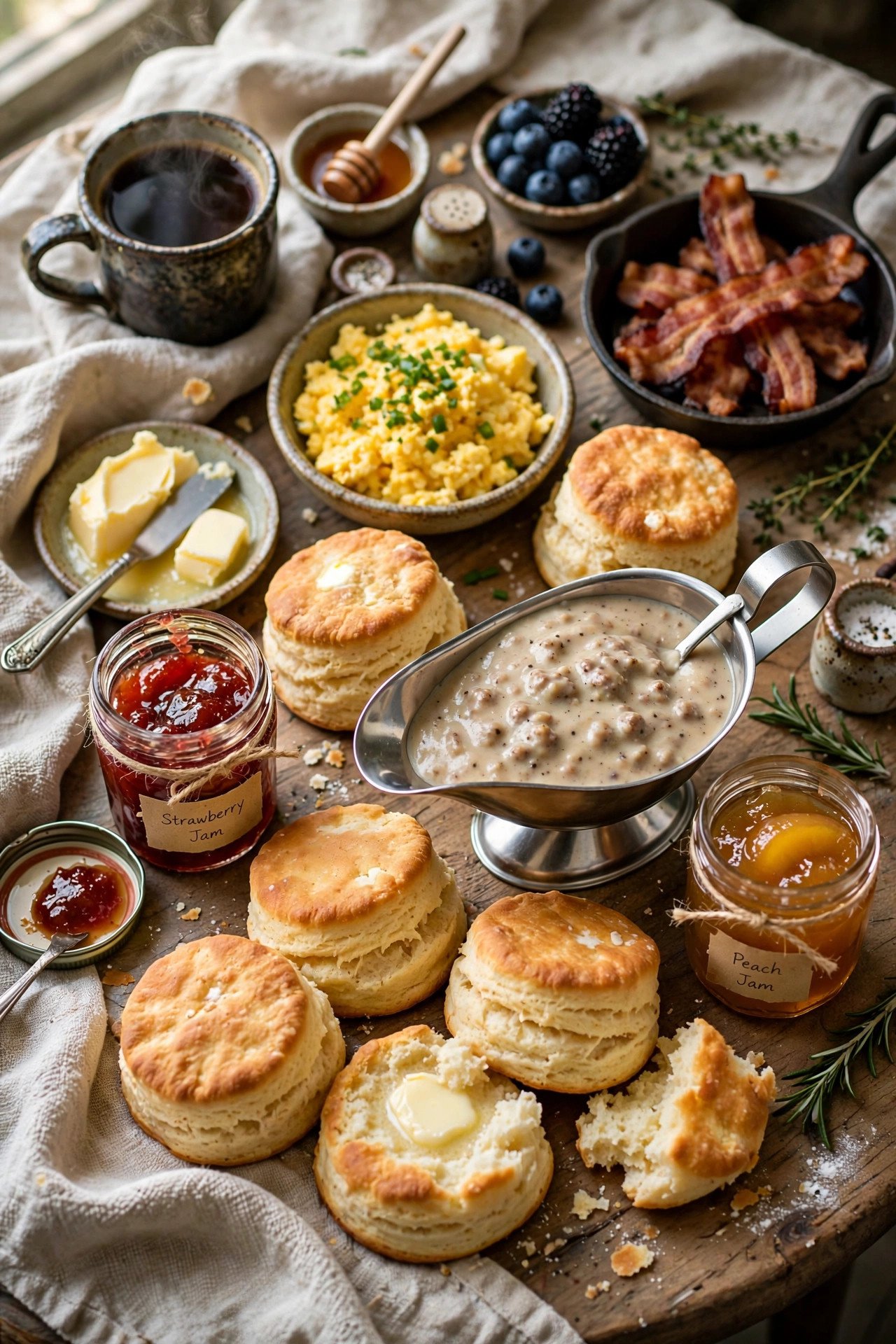 Southern biscuit brunch spread with gravy and jam