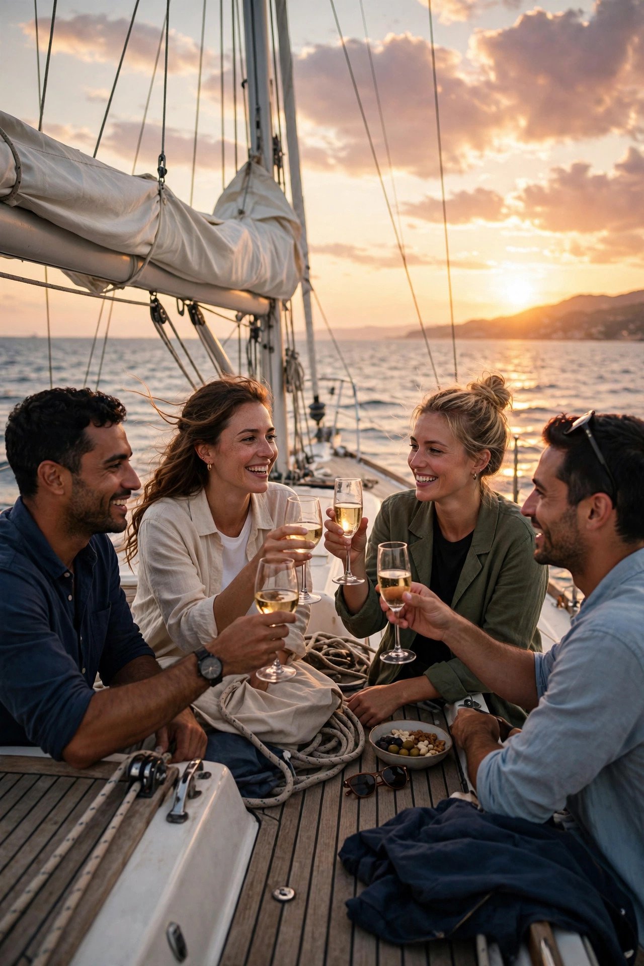 Sailboat at sunset with friends toasting on deck