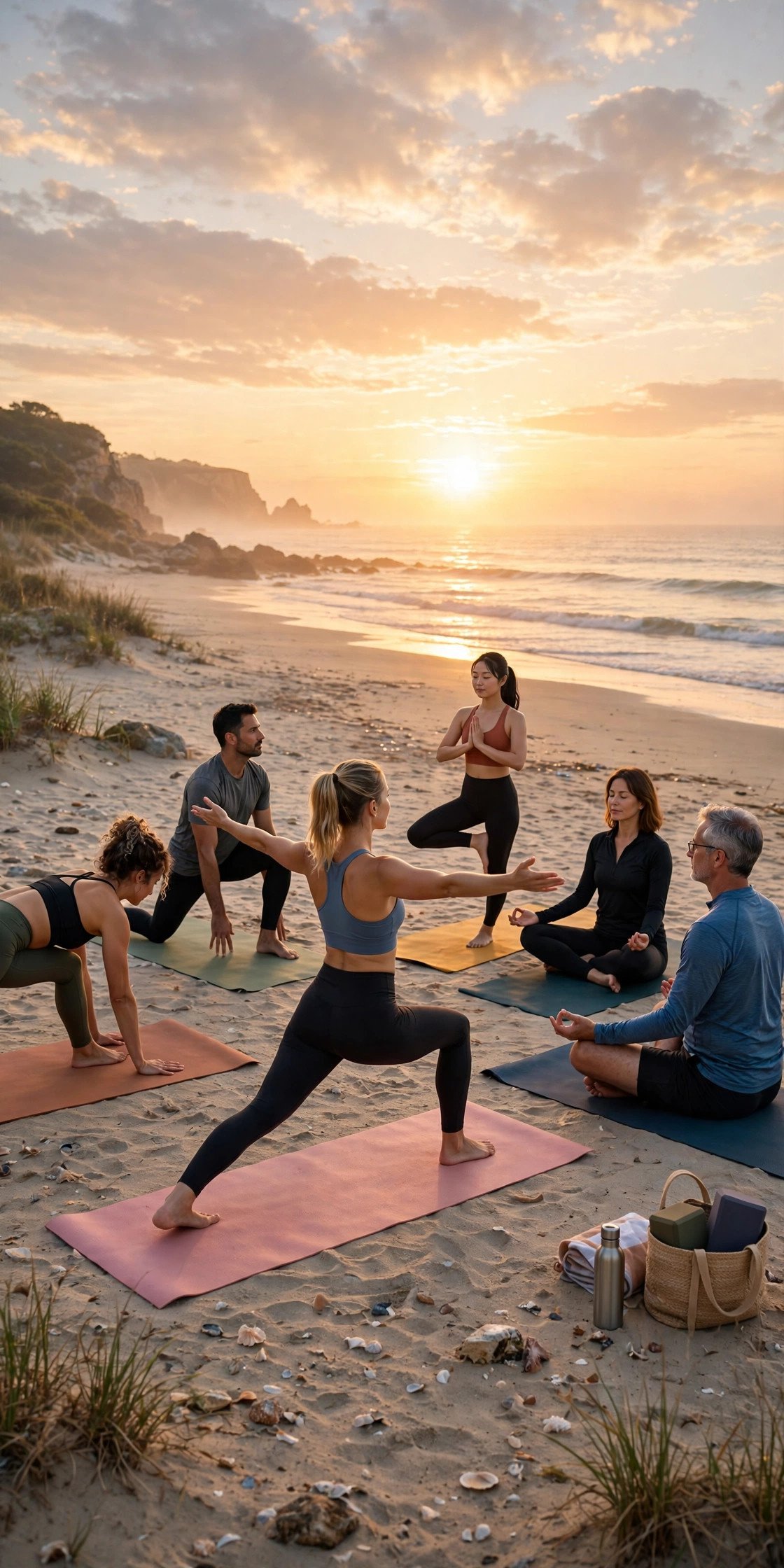 Group doing yoga on the beach at sunrise