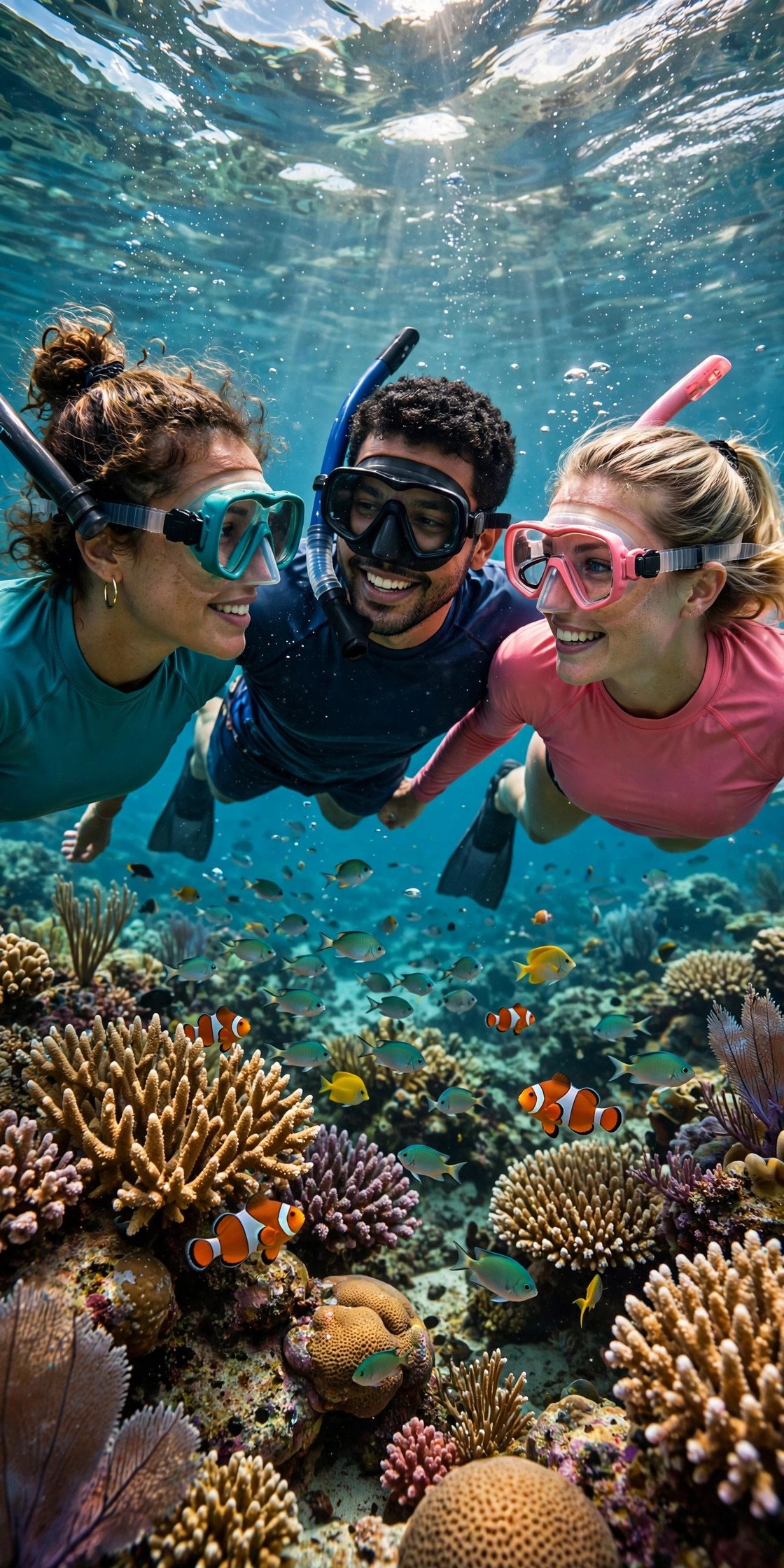 Friends snorkeling over a coral reef with fish