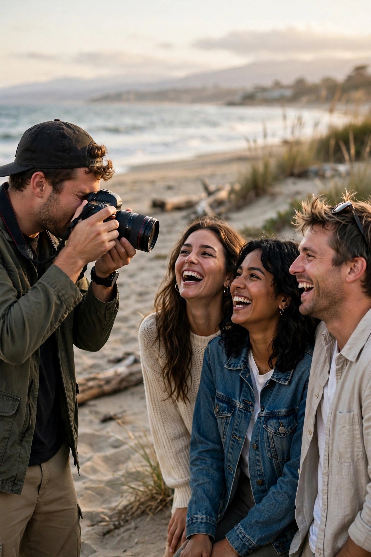 Photographer shooting friends laughing on the beach