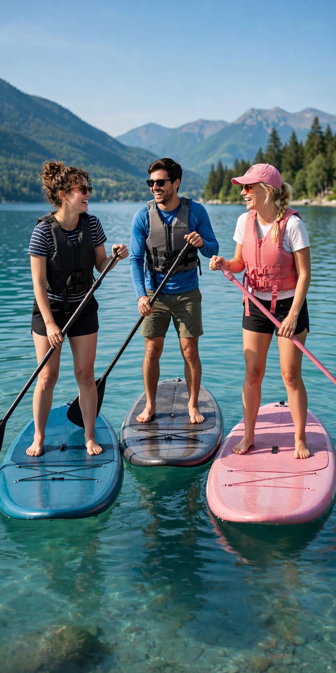 Friends paddleboarding on calm turquoise water