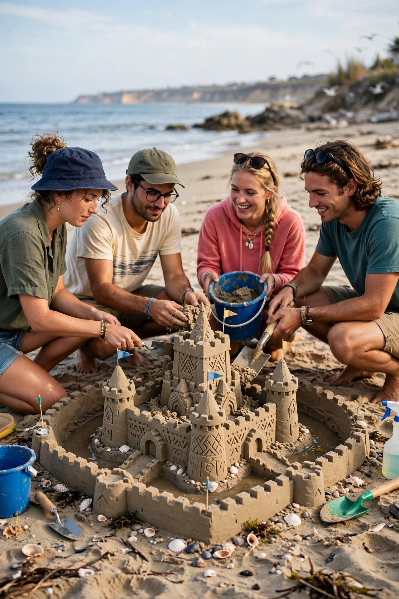 Friends building elaborate sandcastles