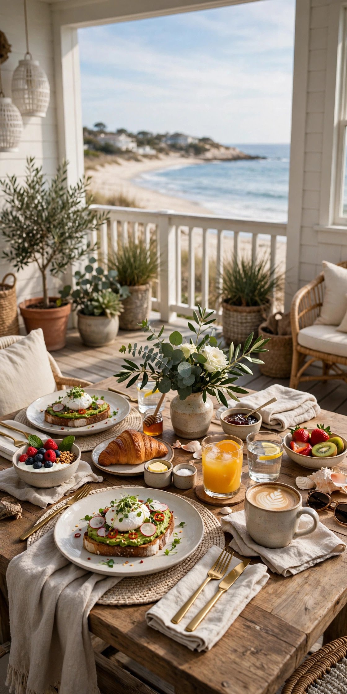 Elegant brunch setup on a beach house deck