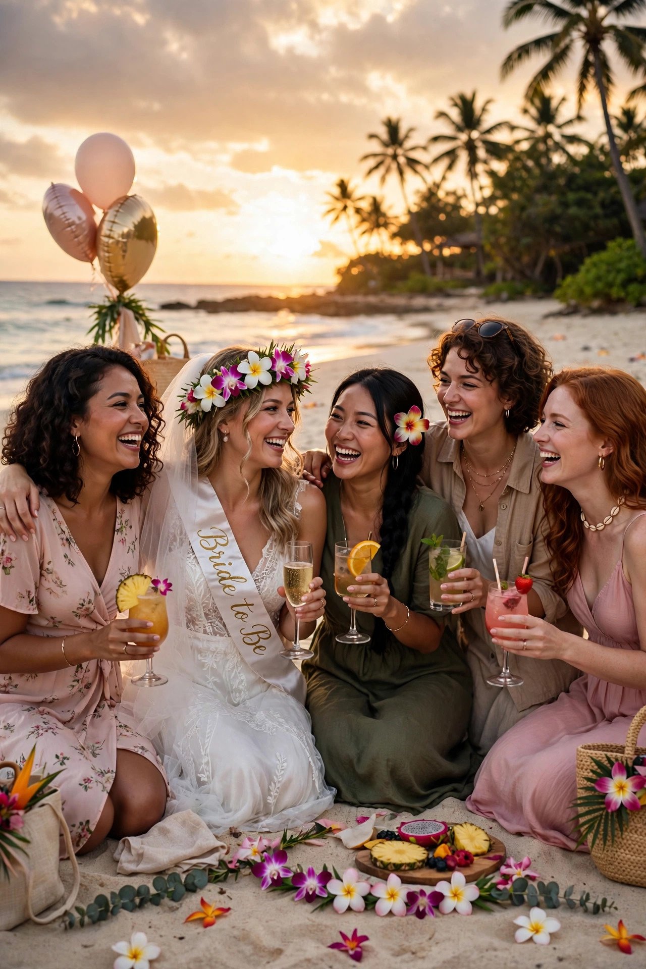 Friends celebrating a bachelorette party on a tropical beach at sunset