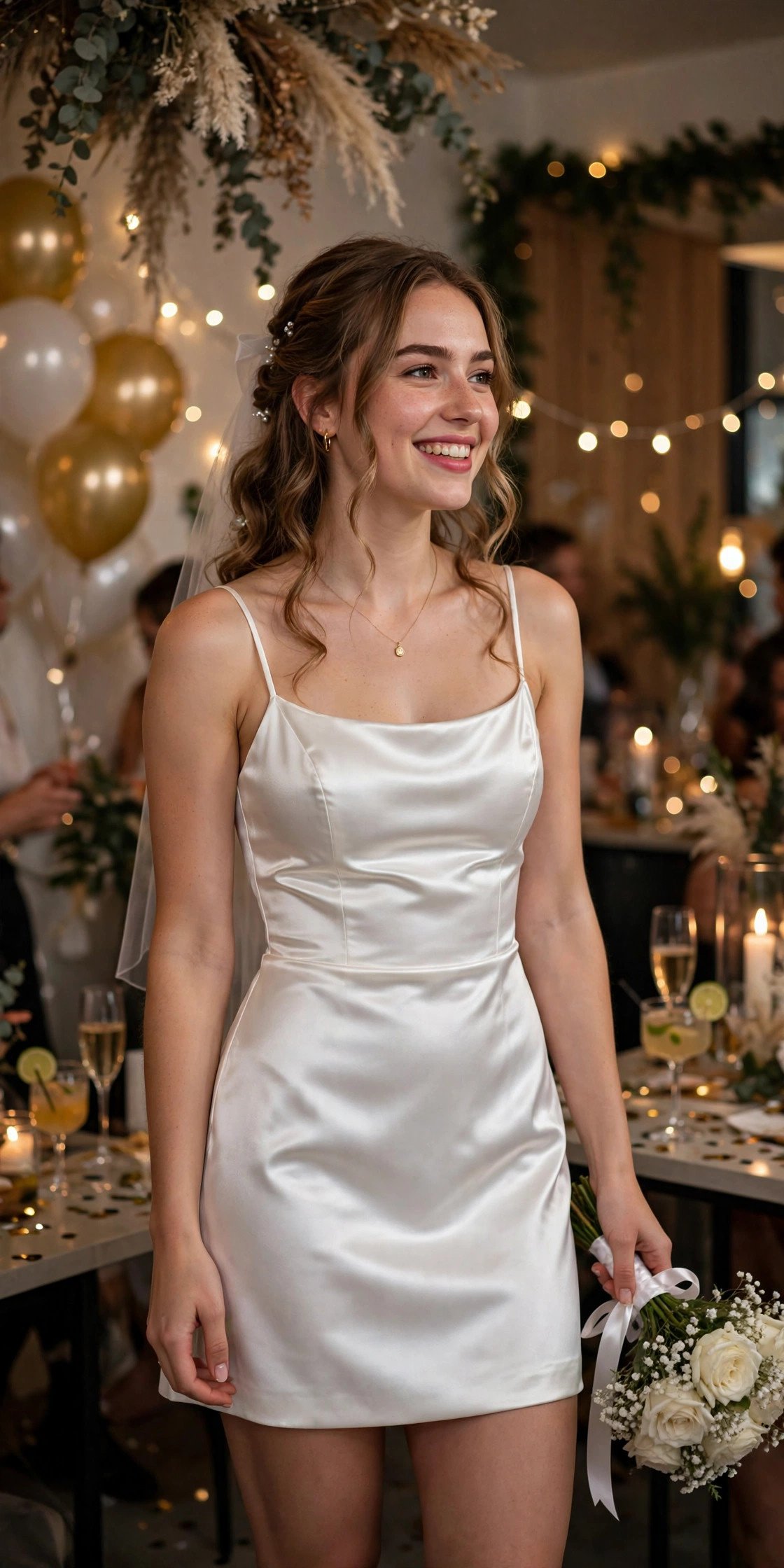 Bride in a white satin mini dress at a party