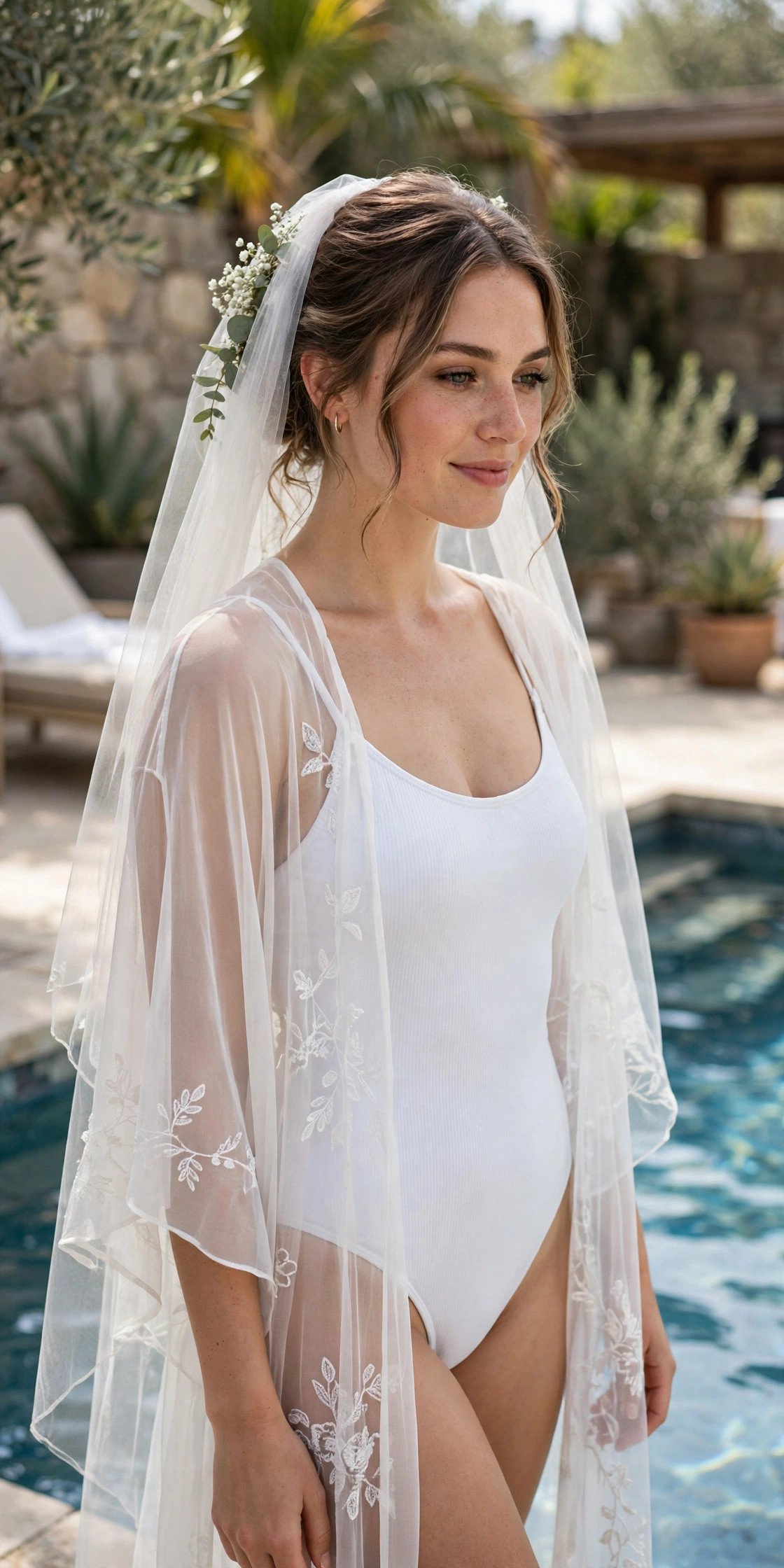Bride in white swimsuit with sheer cover-up at the pool