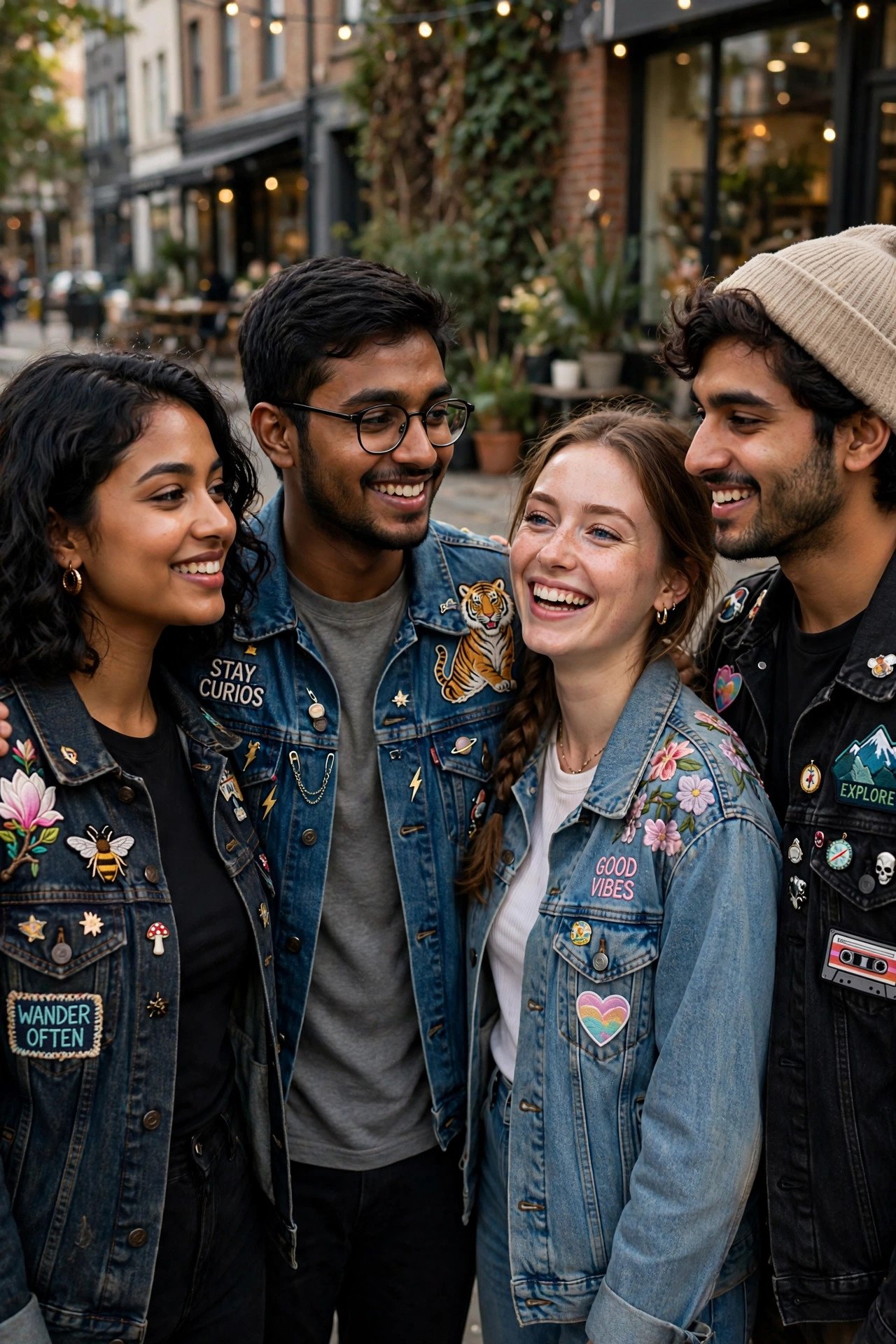 Friends wearing customized denim jackets