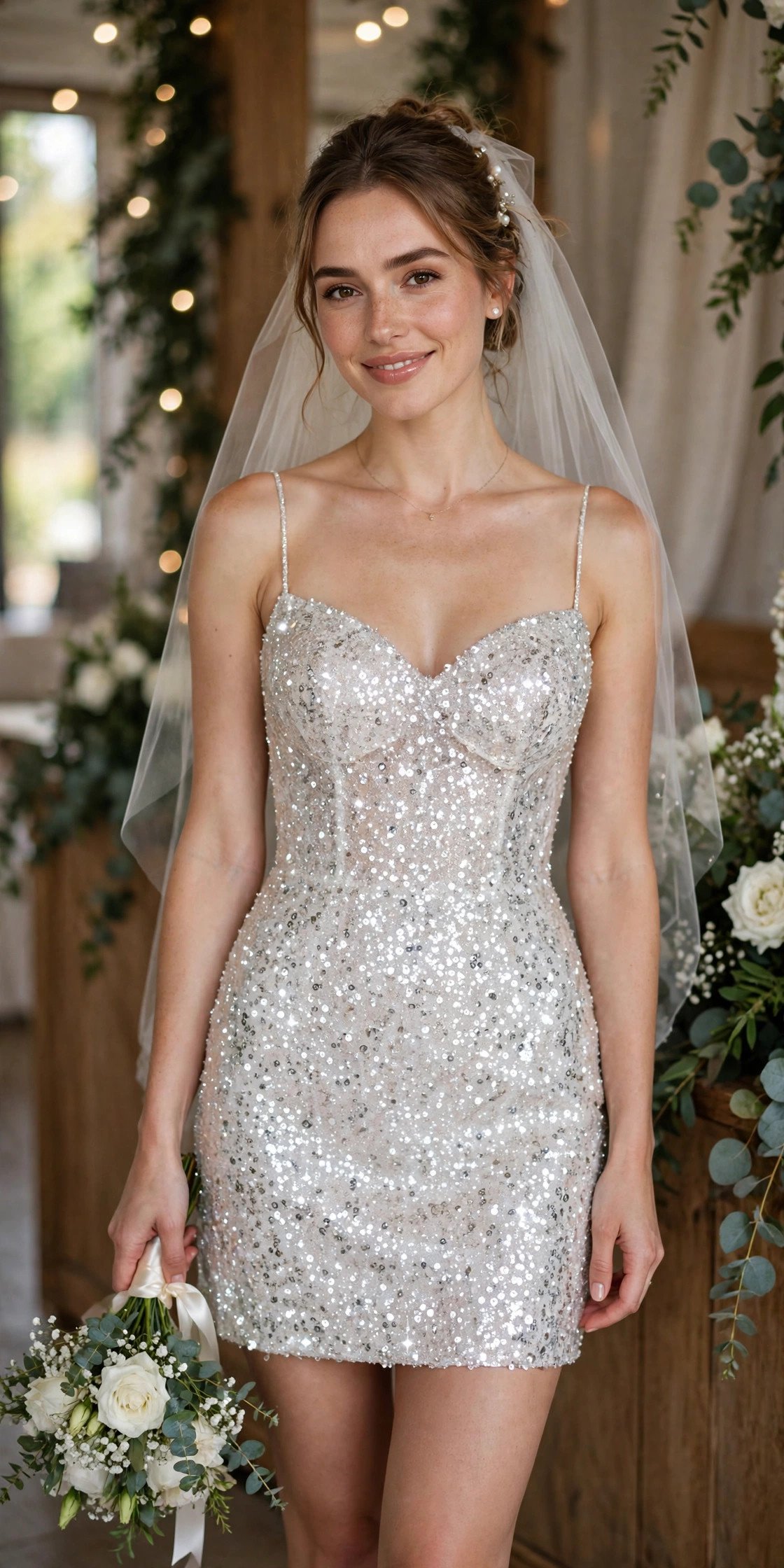 Bride in a sparkling sequin mini dress