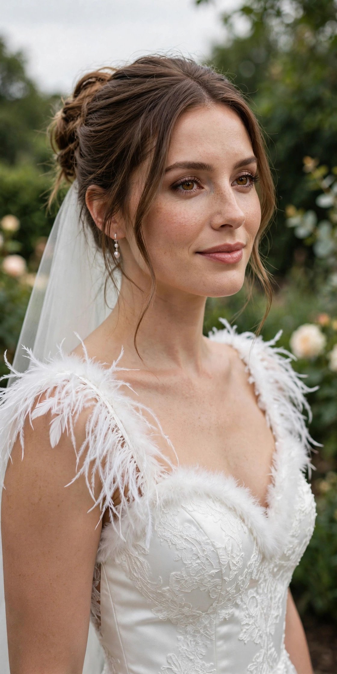 Bride in a white dress with feather trim