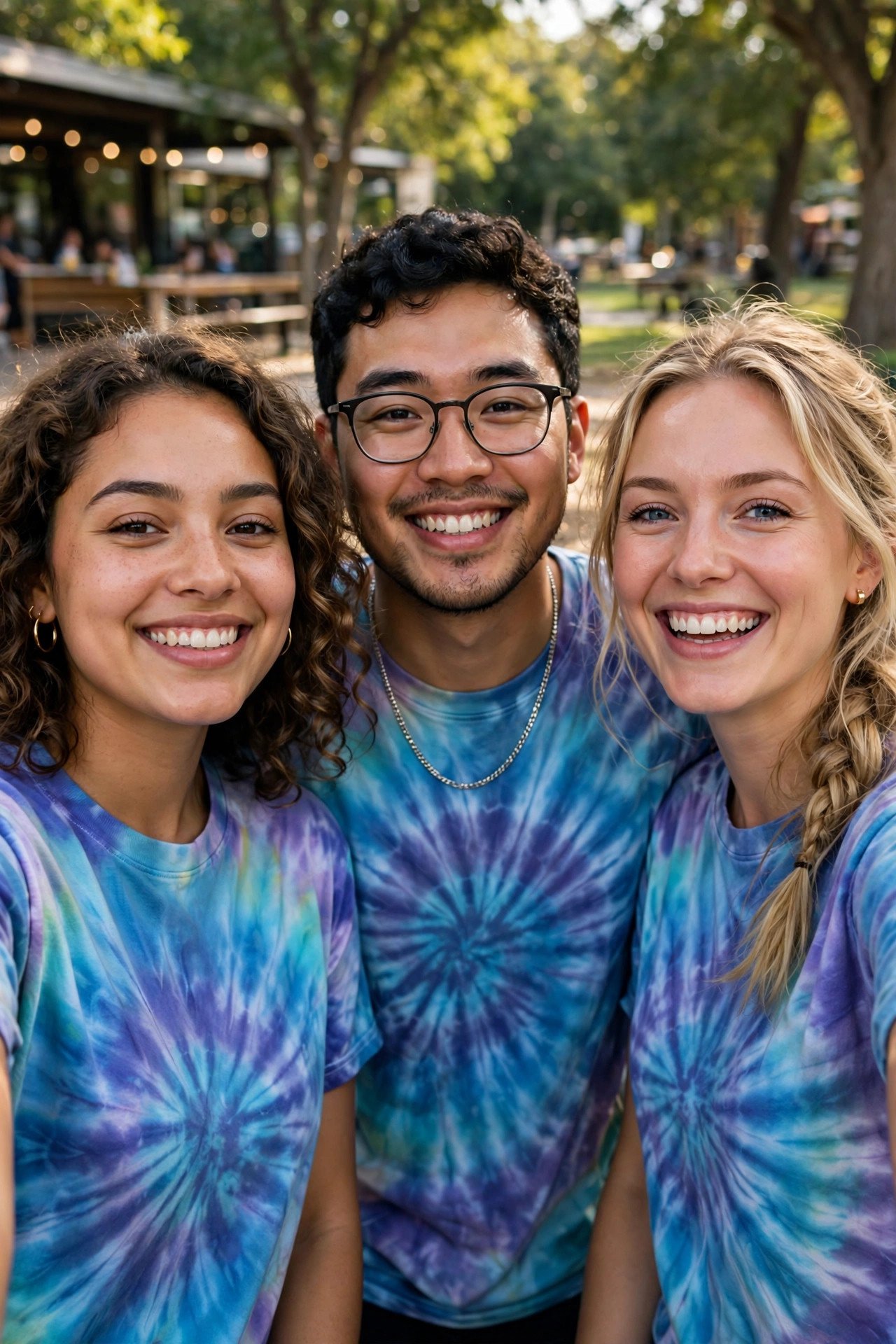 Friends in matching tie-dye t-shirts