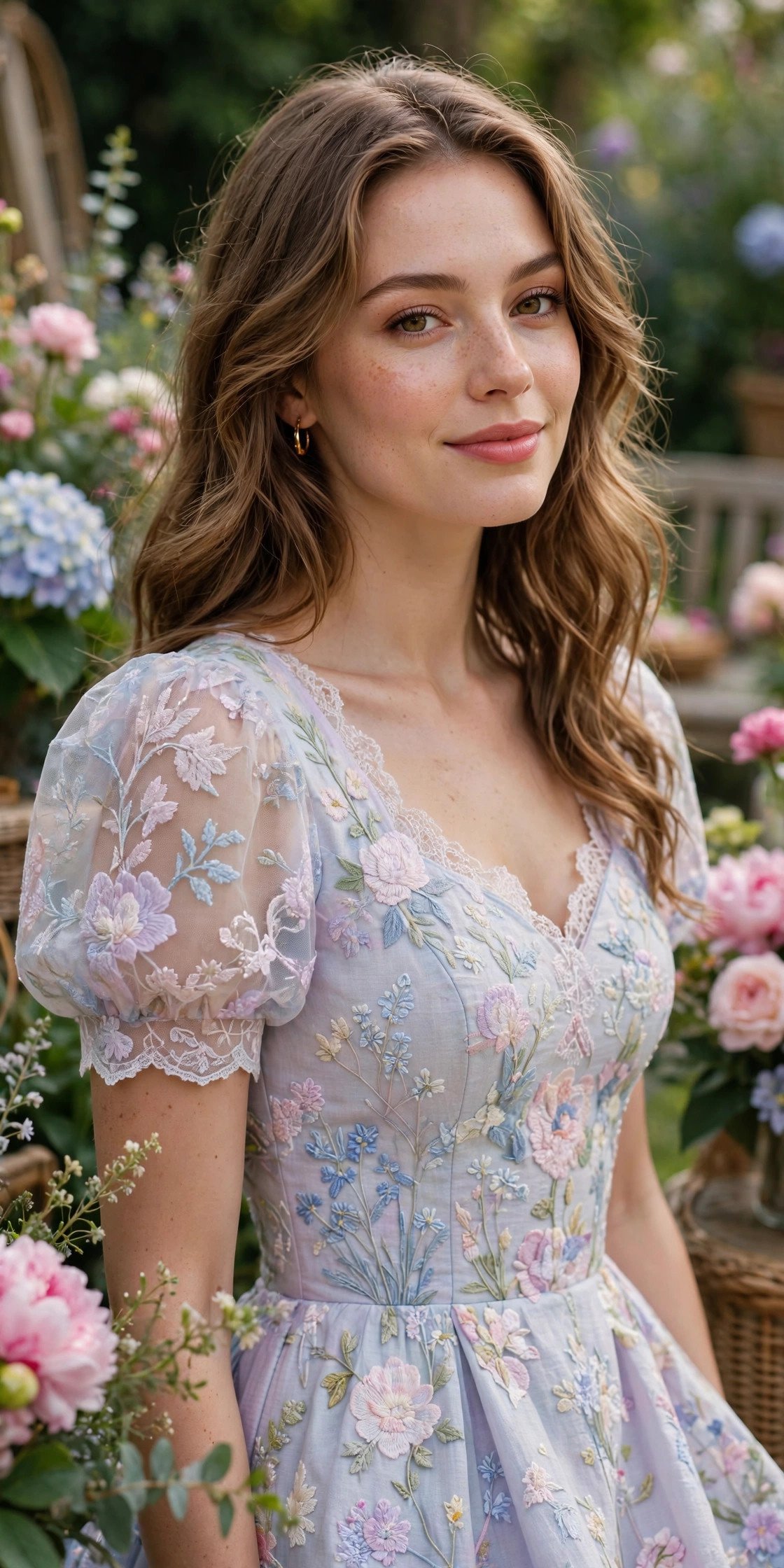 Woman in a pastel garden party dress