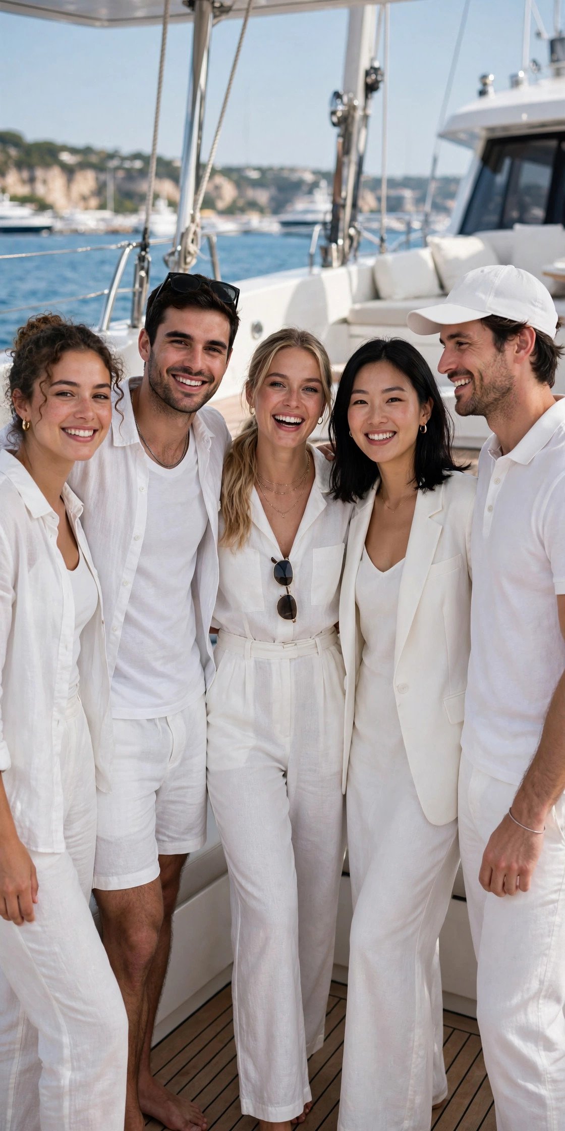 Group in all-white outfits on a yacht